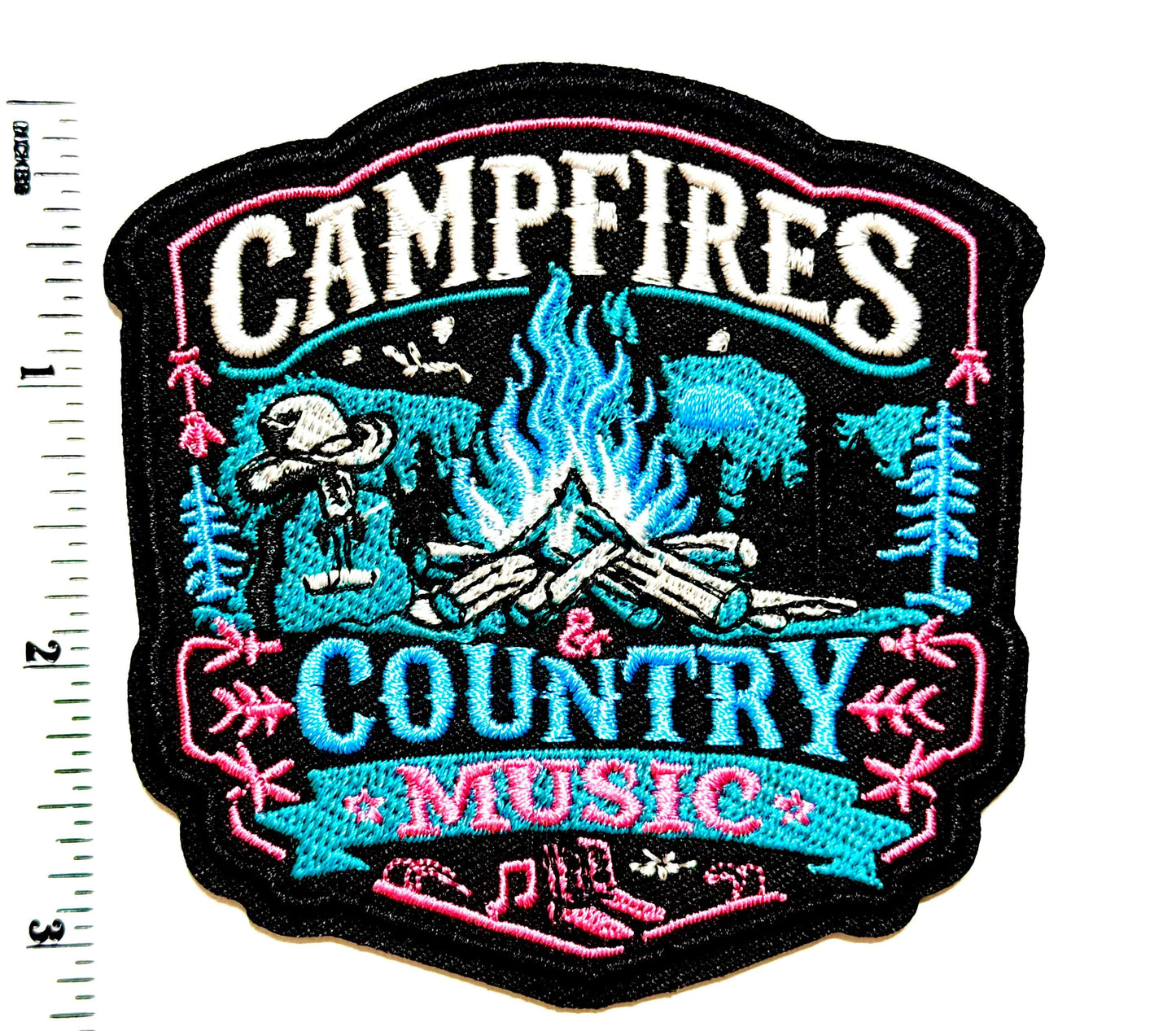 Campfires and Country Music - Embroidered Iron on patch 3.25”