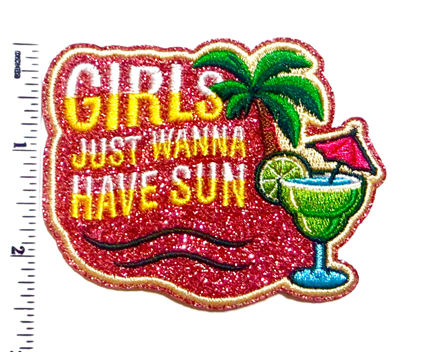 Girls Just Wanna Have Sun Glitter Cocktail & Palm Tree - Embroidered Iron-On Patch 3.25”