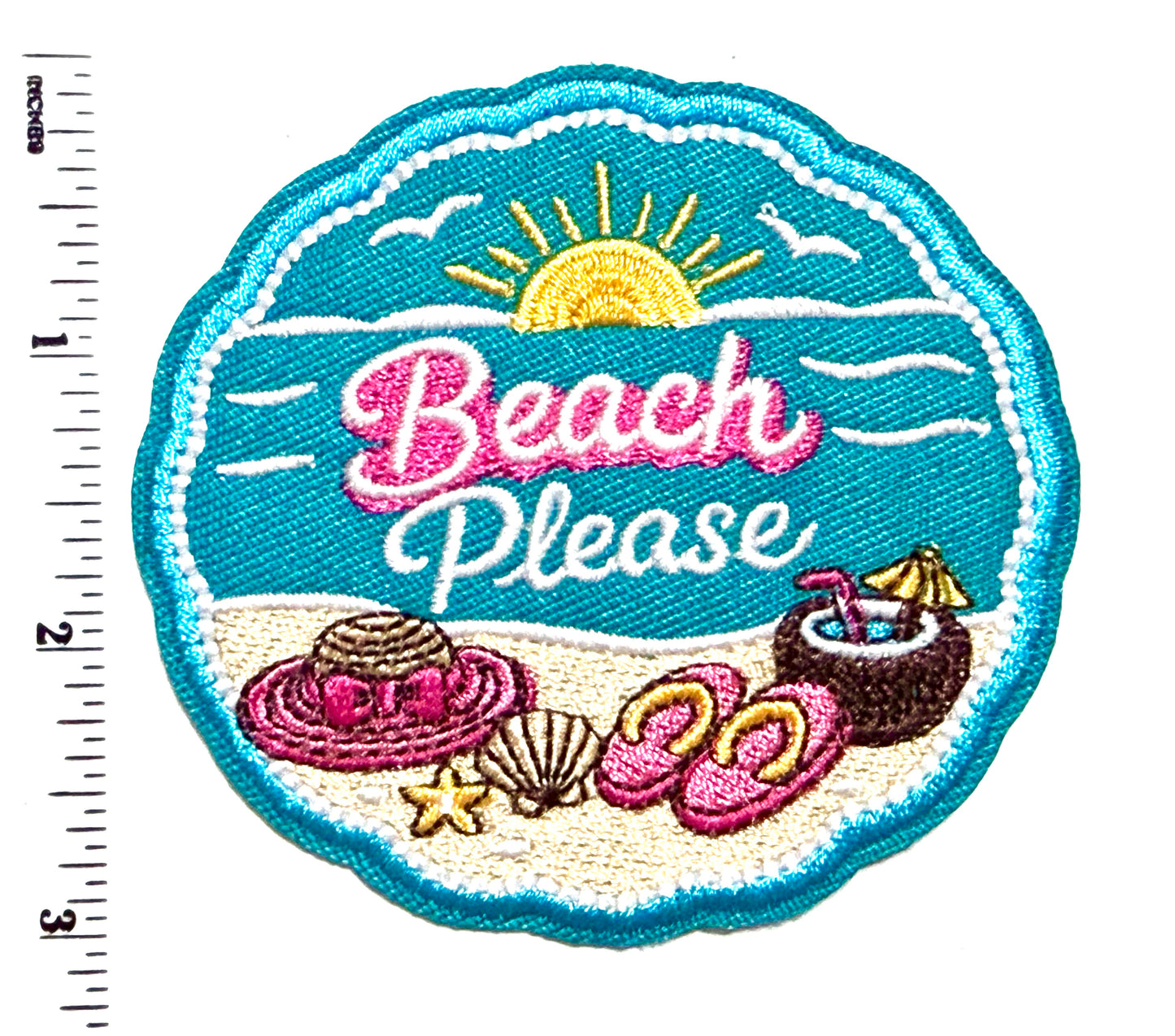 Beach Please patch - Embroidered DIY Iron on patch 3.25”