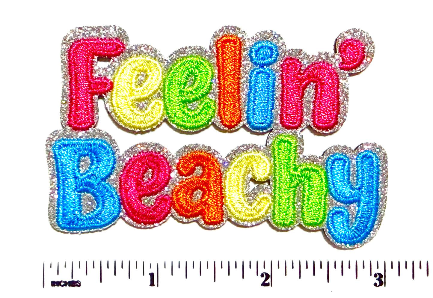 Feelin’ Beachy patch - Embroidered Iron On Patch with silver glitter 3”