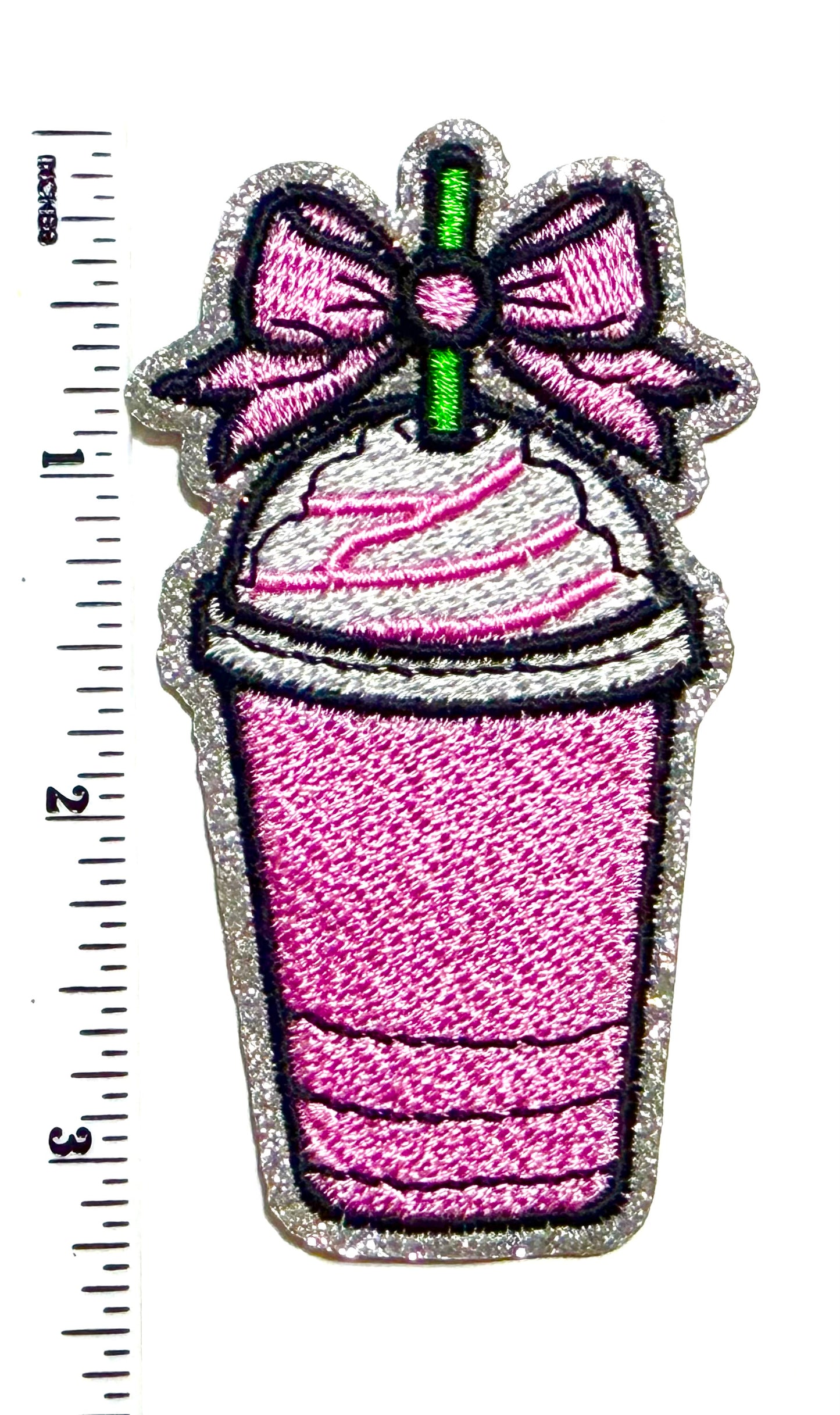 Pink Iced coffee patch with bow and glitter outline - Embroidered DIY Iron on patches 3.25”