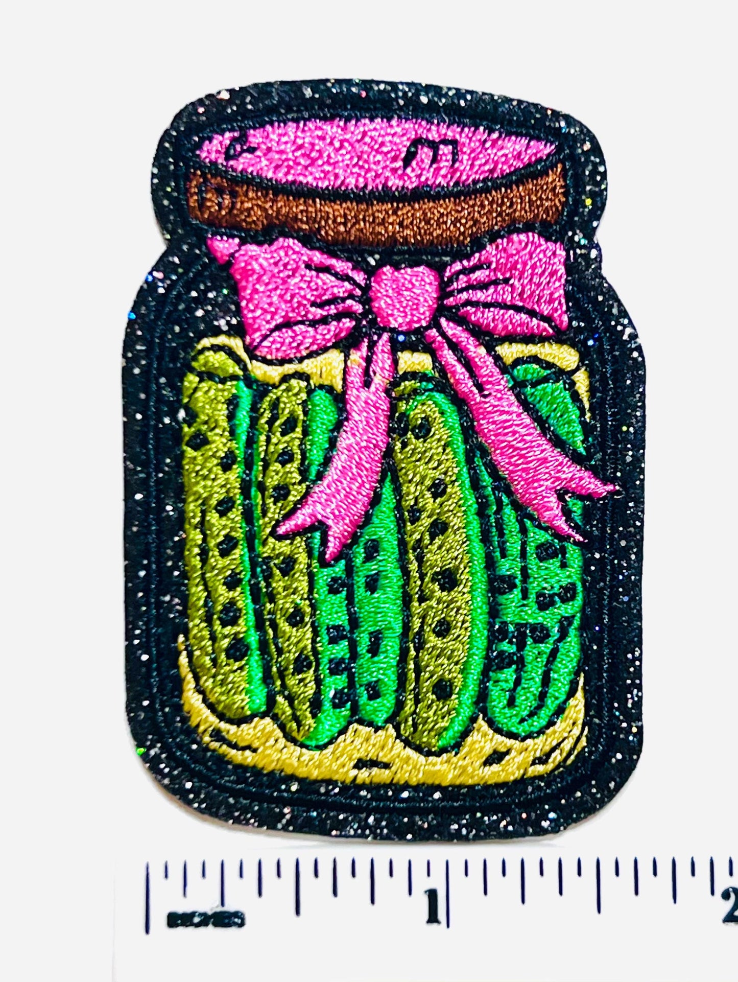 Pickle Jar patch with pink bow - Embroidered Iron on patch