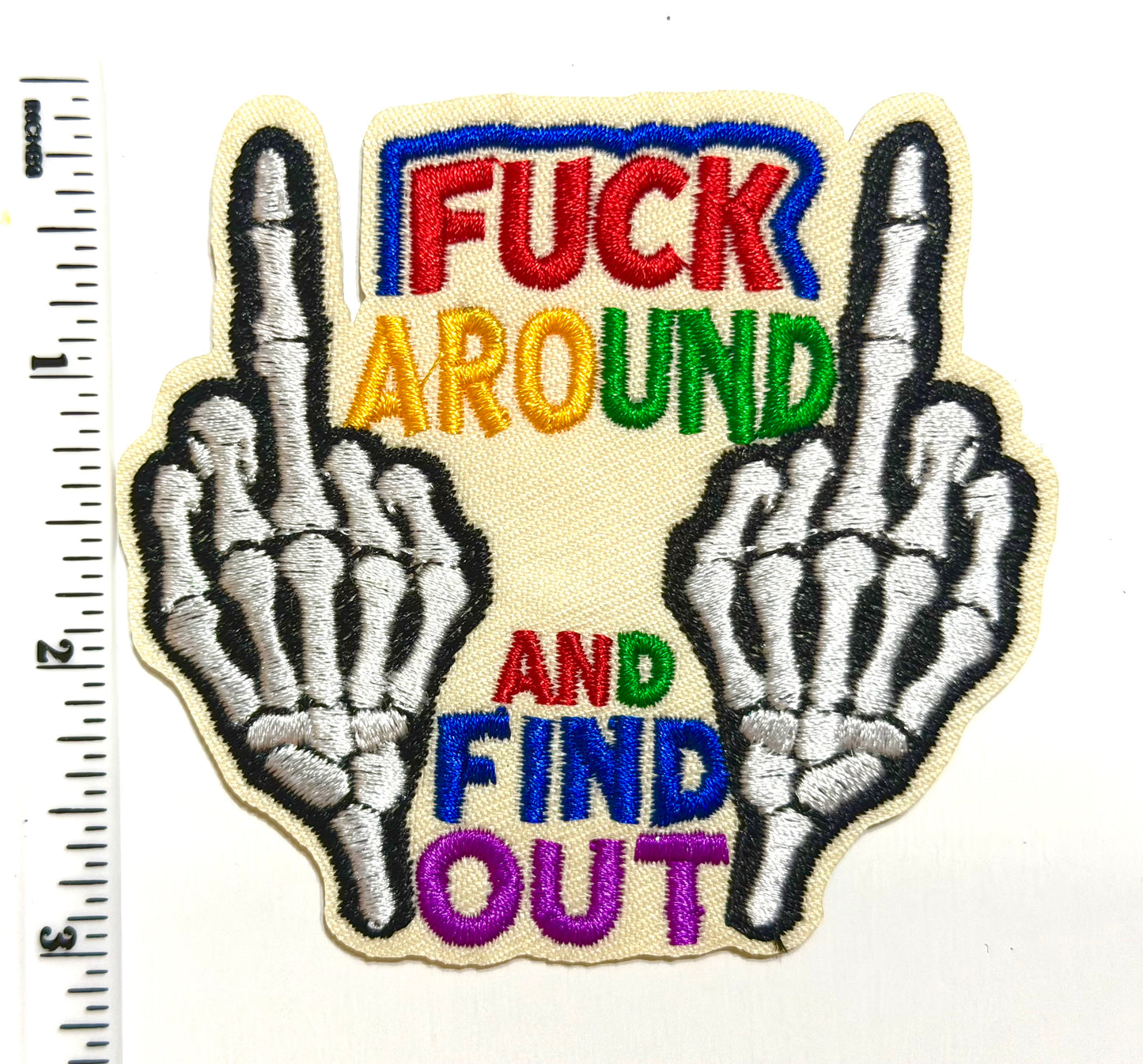 Fuck around and find out, Skelly middle finger - Embroidered Iron on patch 3”