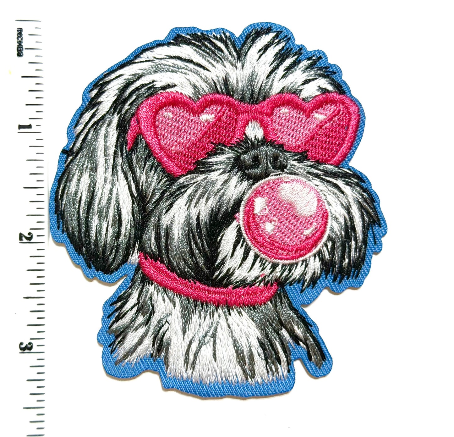 Yorkie with pink sunglasses and bubblegum bubble - Embroidered iron on patch 3.25