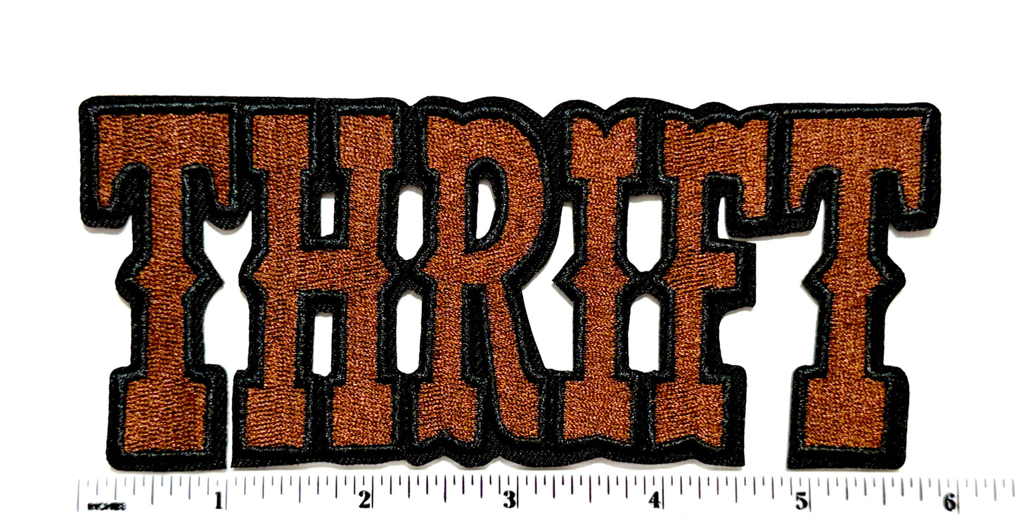 Thrift Patch, Brown with Black outline Iron On DIY Applique 6”