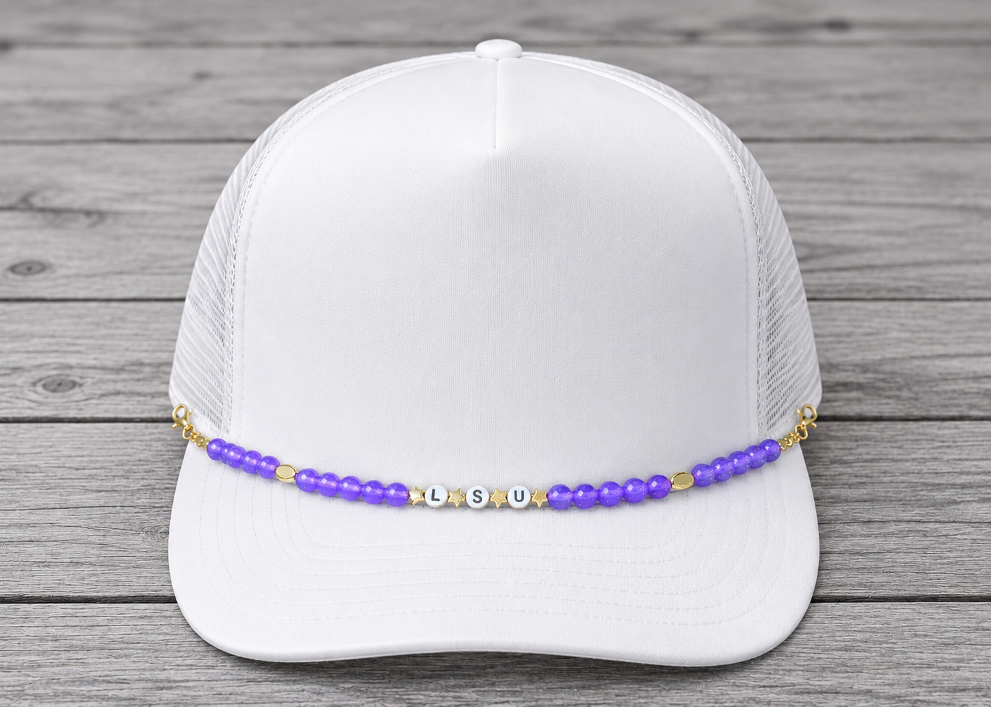 LSU Purple & Gold Trucker Hat Chain – Handmade Beaded Hat Accessory | Snapback Hat Charm | Gameday Hat Jewelry