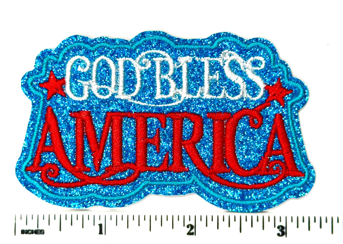 God Bless America with blue glitter - Embroidered Iron on patch 3.5”
