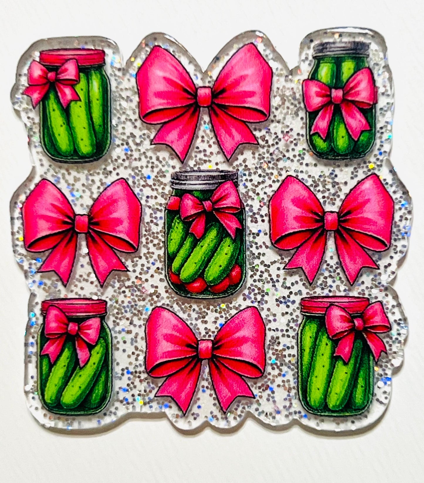 Pink bows and Pickles set of 3 flatback acrylics