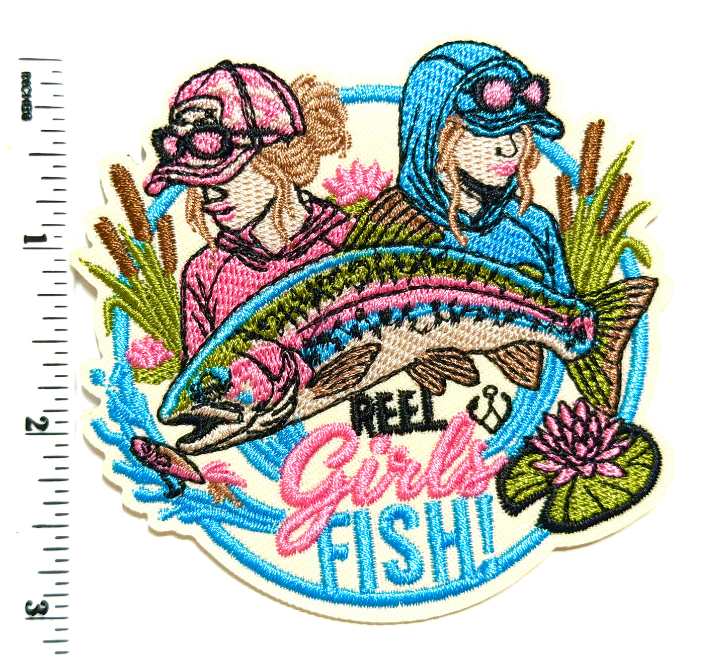 Reel Girls Fish patch - Embroidered Iron On Patch 3.25”