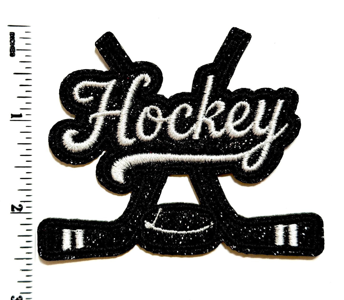 Hockey patch - Embroidered Iron on patch with black glitter
