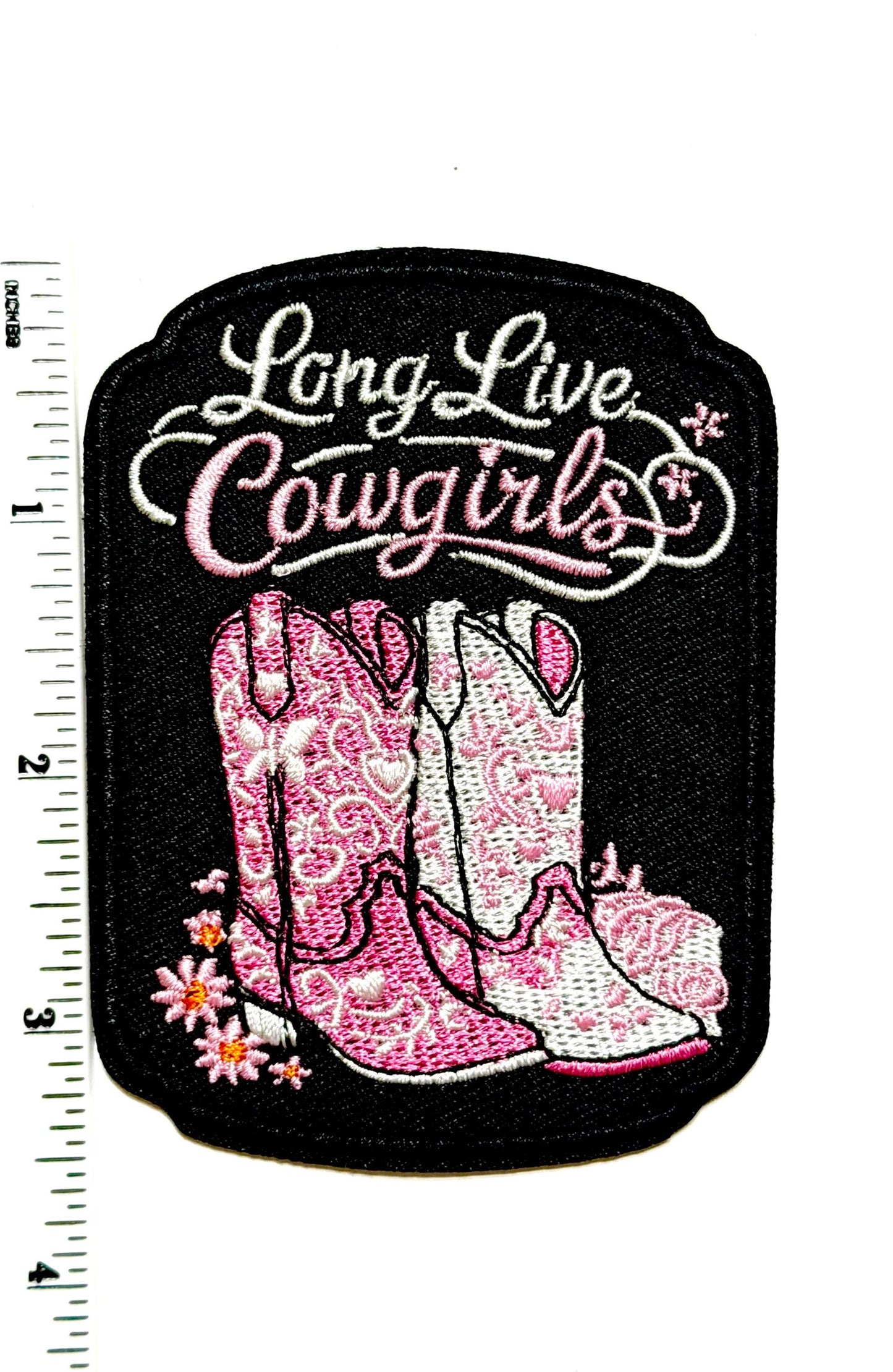 Long Live Cowgirls pink cowgirl boots - Embroidered DIY Iron on patch 3”