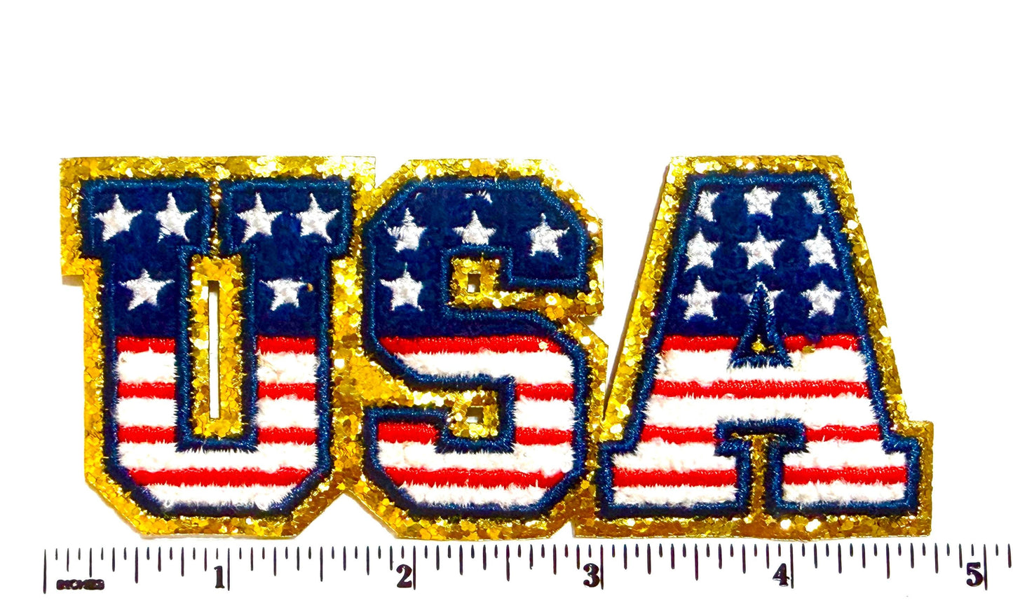 USA patch - Chemille DIY Iron on patch with gold glitter outline