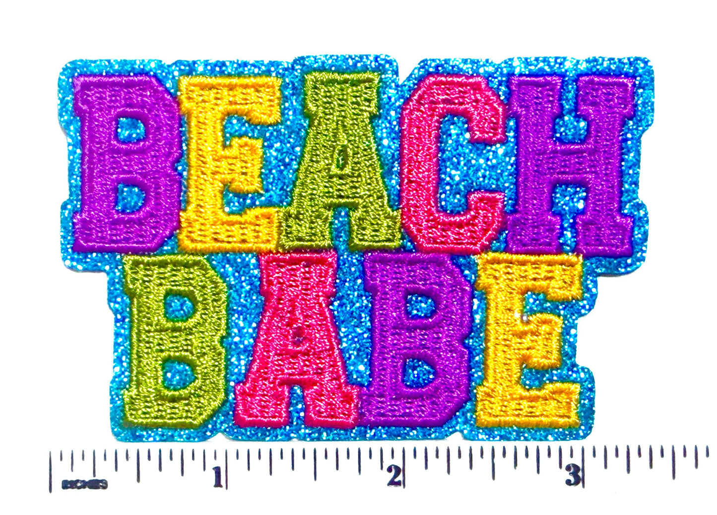 Beach Babe - Embroidered Iron on patch with blue glitter outline