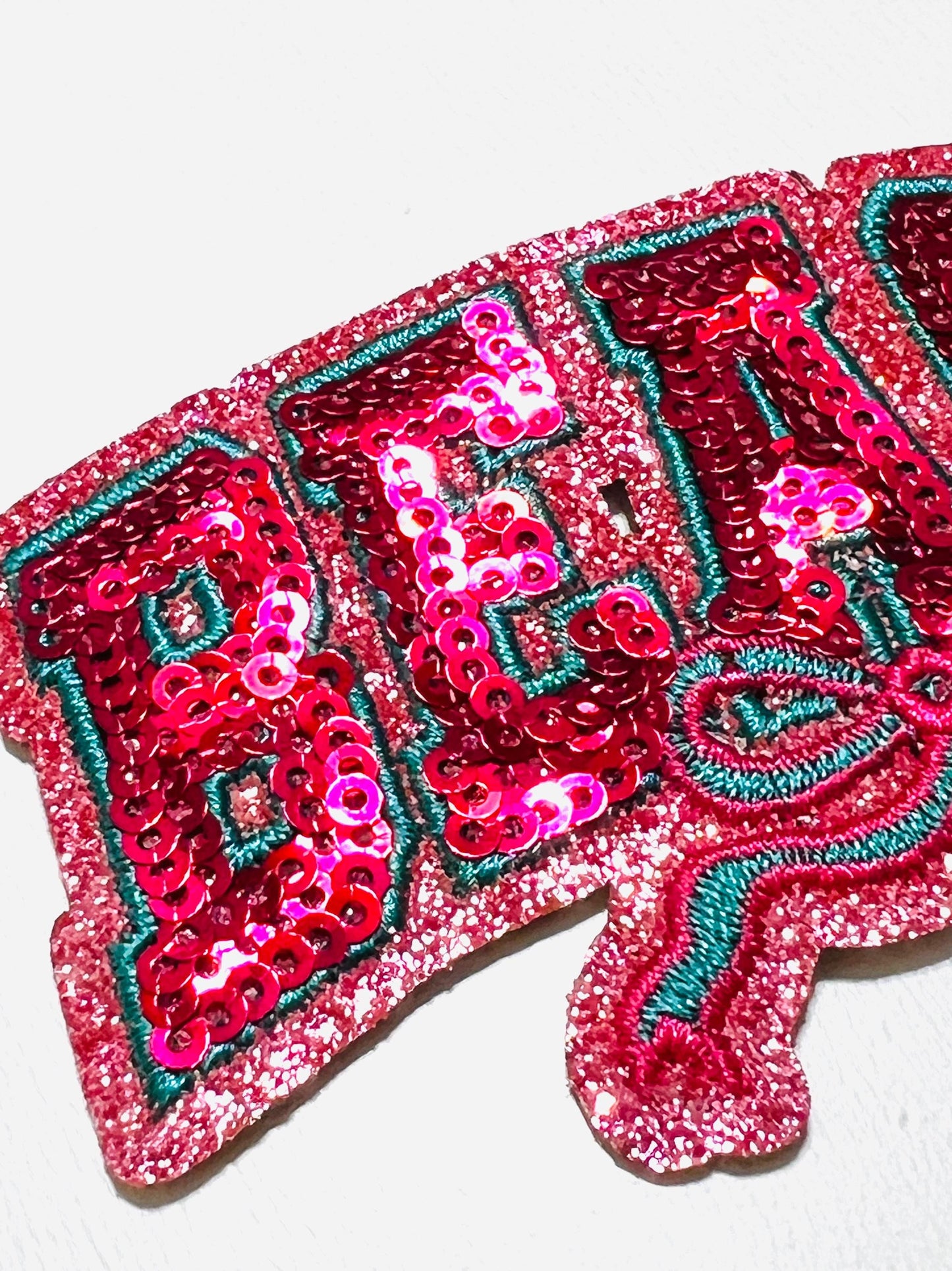 Beach *pink with teal outline* with a bow - Sequins DIY Iron on patch