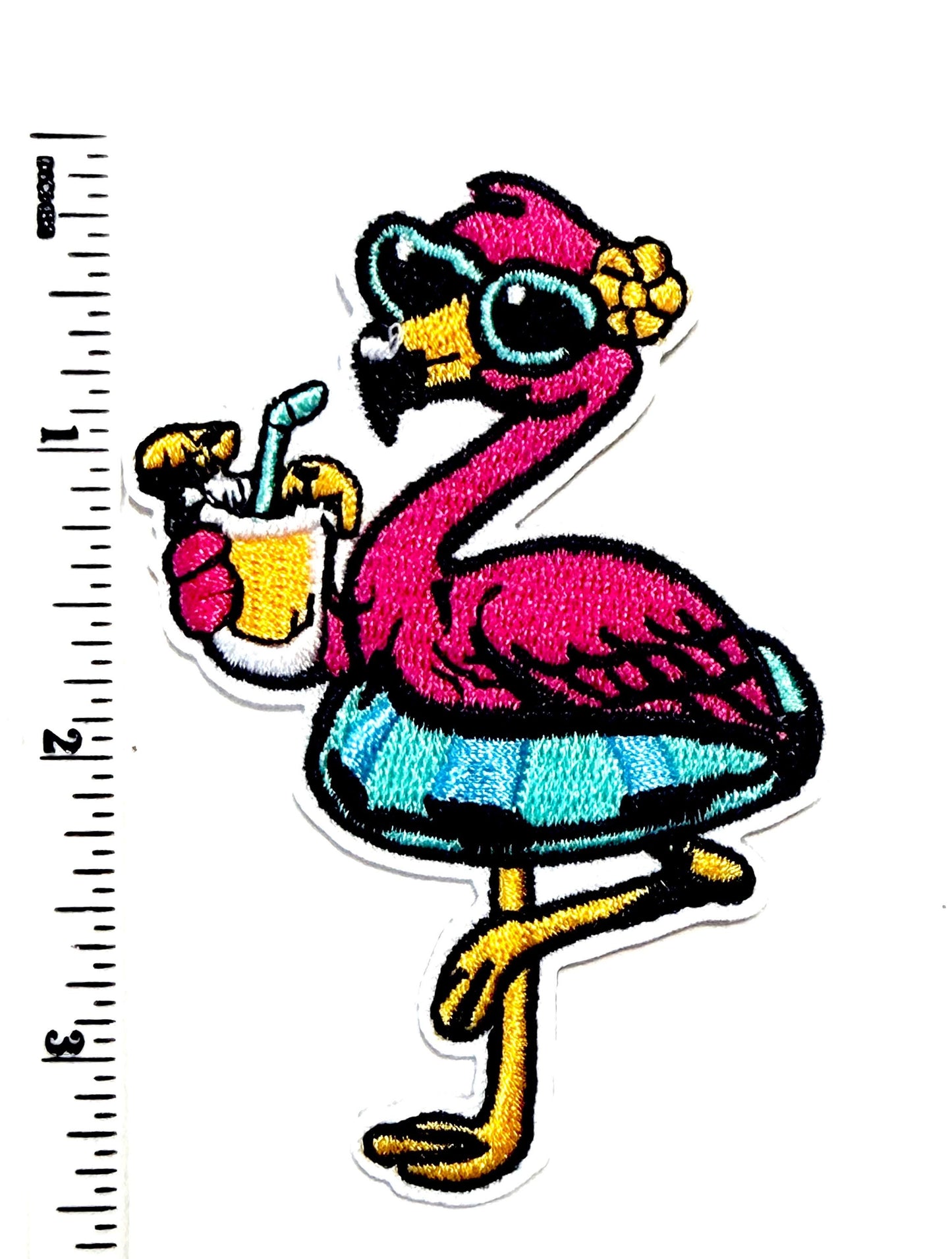 Pink flamingo with cocktail - Embroidered Iron on patch 3.25”