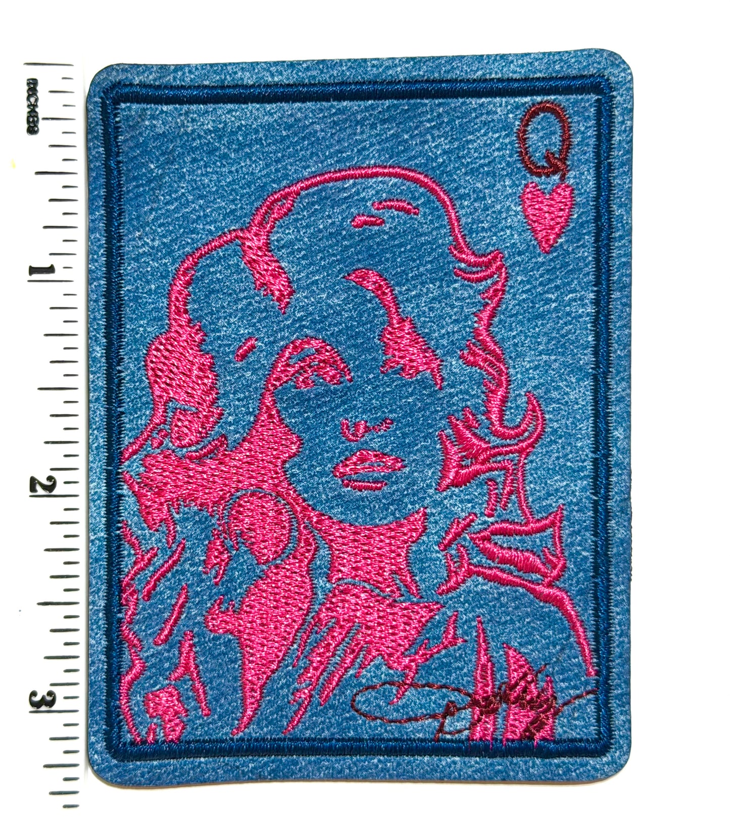 Queen of Hearts Dolly patch - Embroidered Iron On Leatherette patch 3.25”
