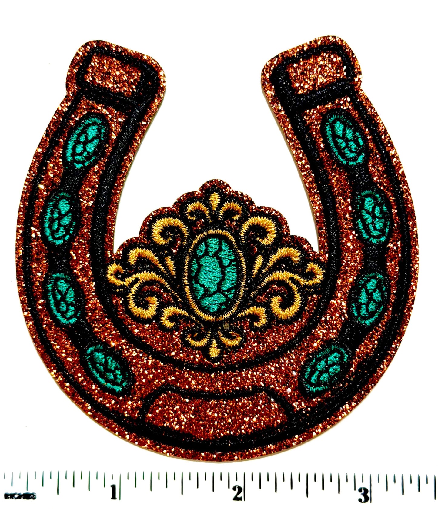 Horseshoe decorative brown glitter and turquoise Embroidered iron on patch 3.5”