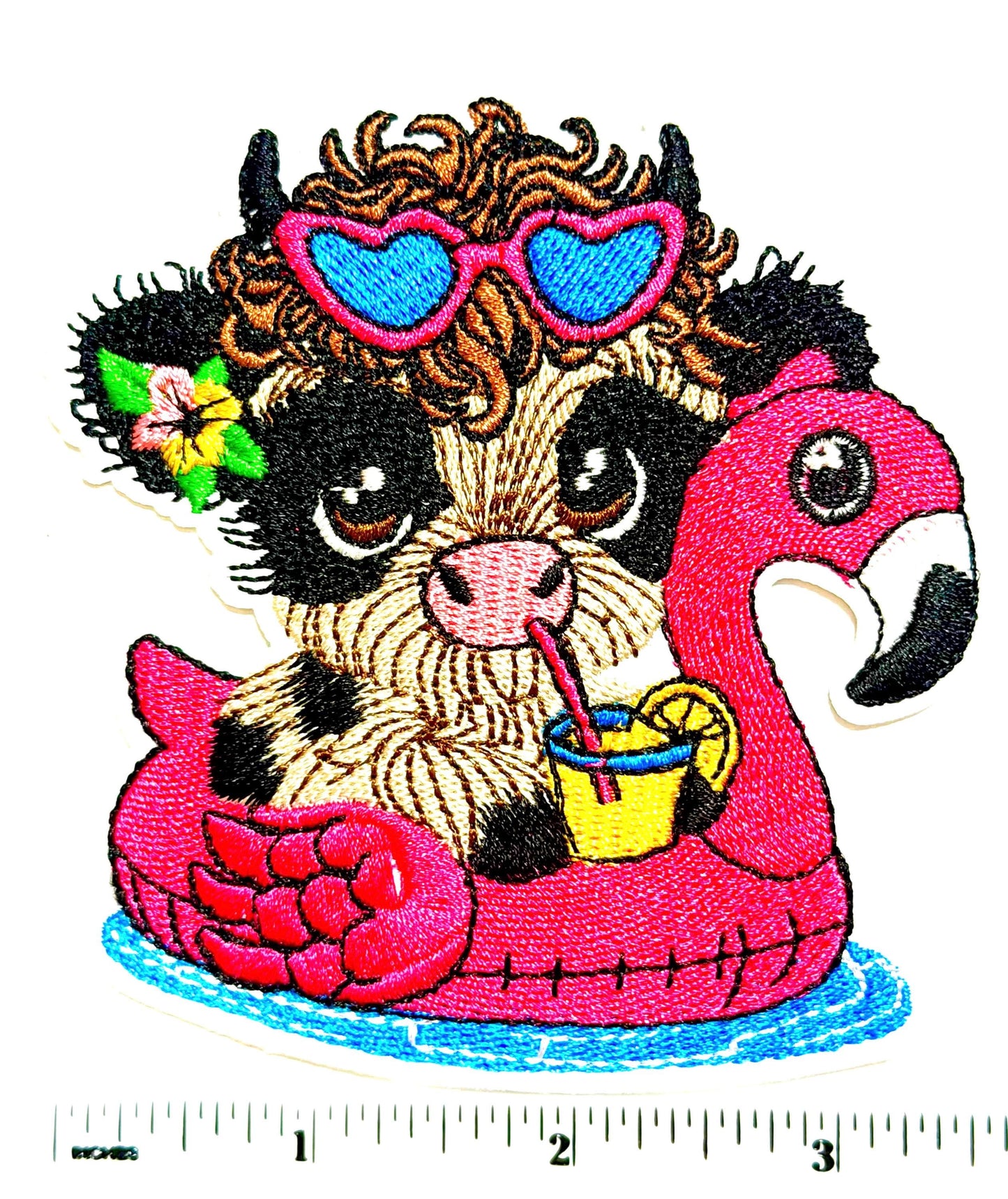 Highland Cow Flamingo Float Embroidered Patch – DIY Iron-On Applique