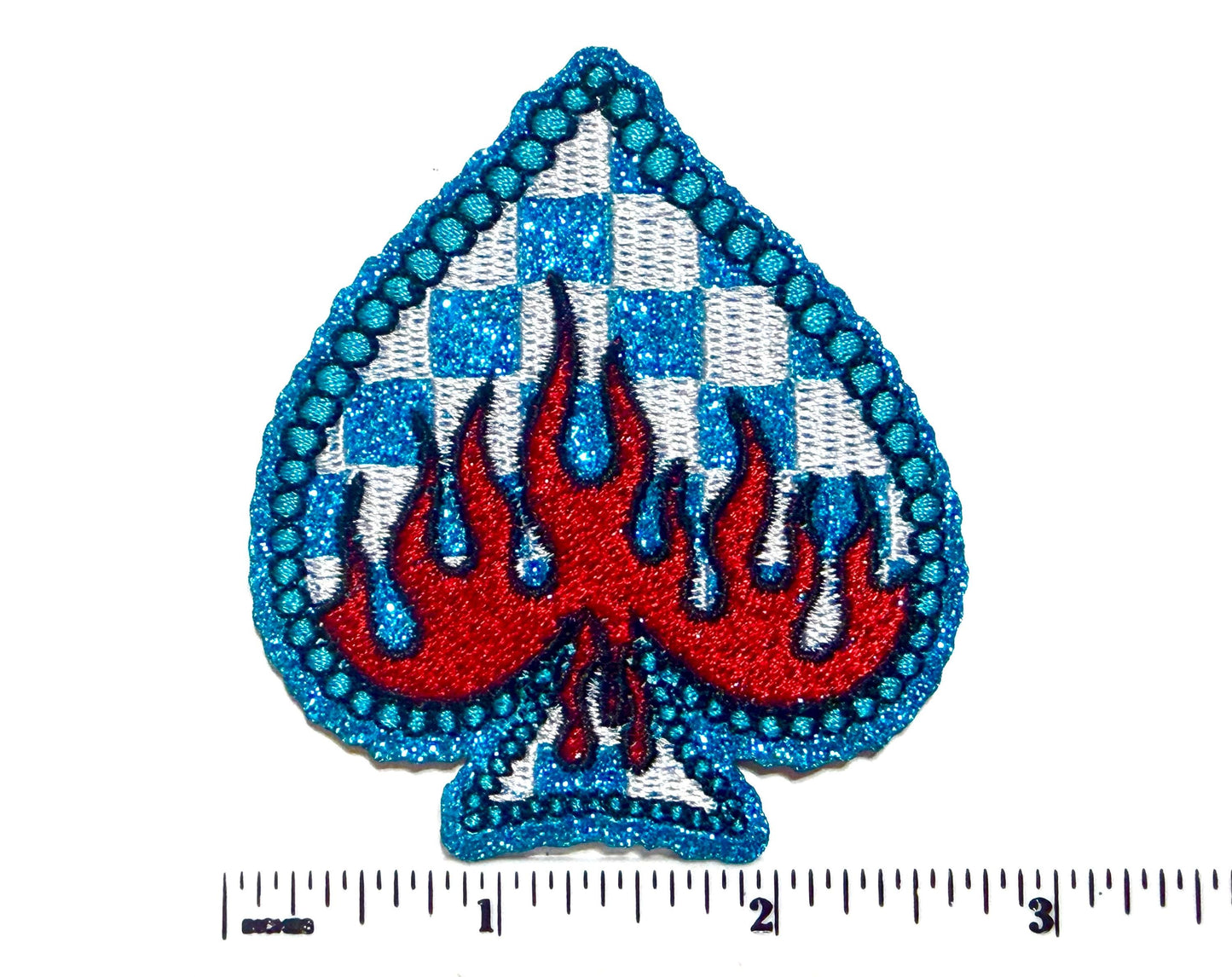 Checkered Spades with flames & blue glitter patch – Iron On DIY Applique