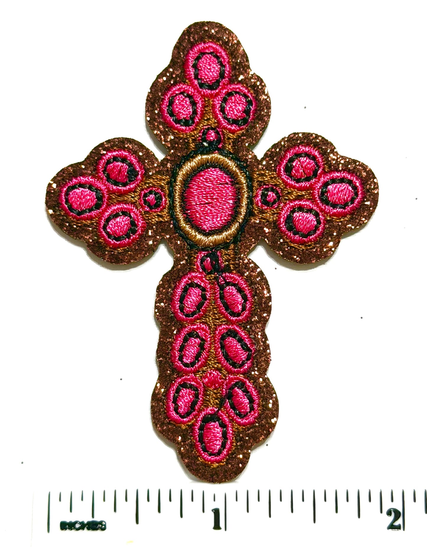 Cross with Pink detail and Brown Glitter - Embroidered iron on patch 2.5”