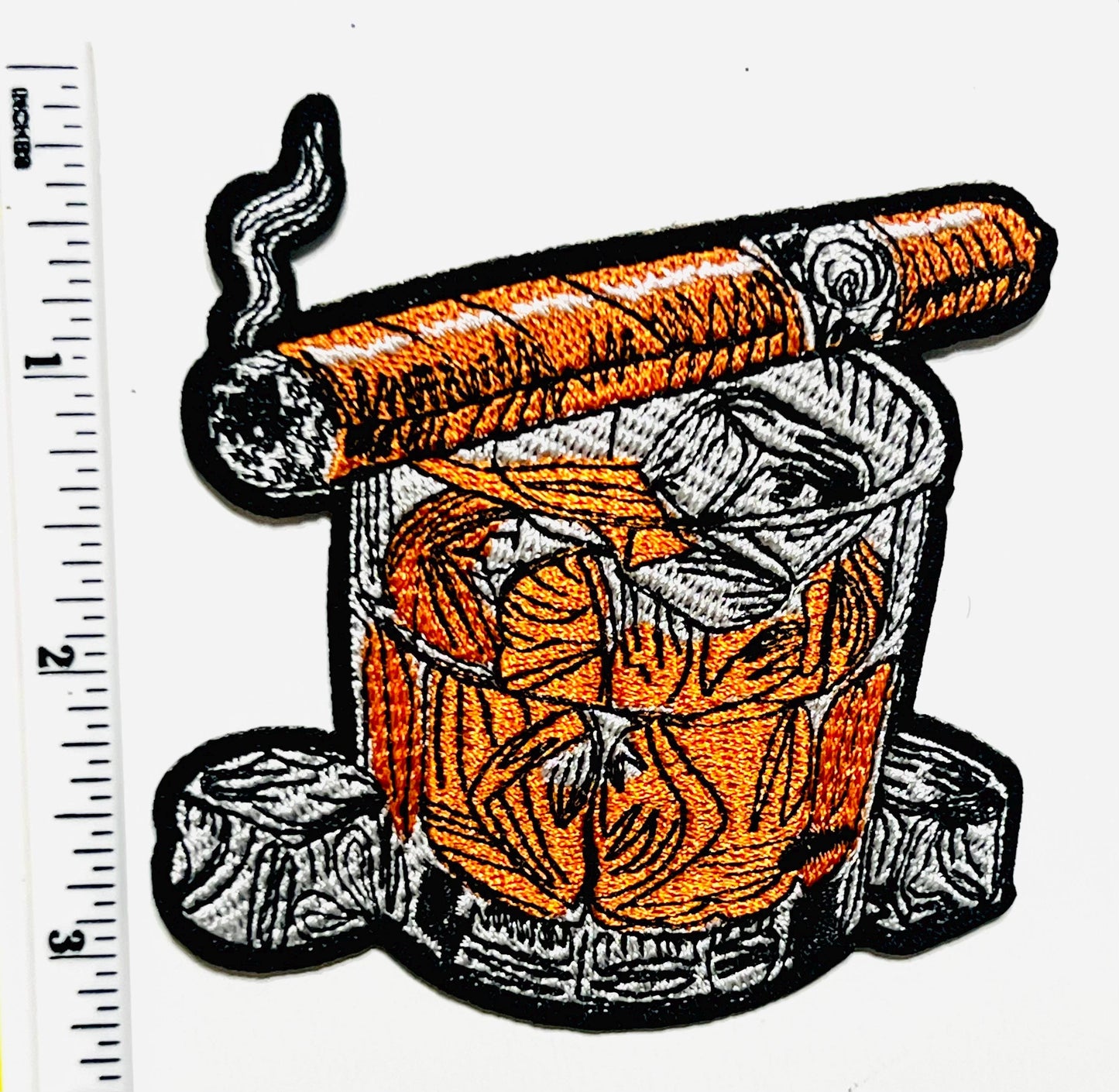 Cigar and whiskey patch - Embroidered Iron on patch 3”