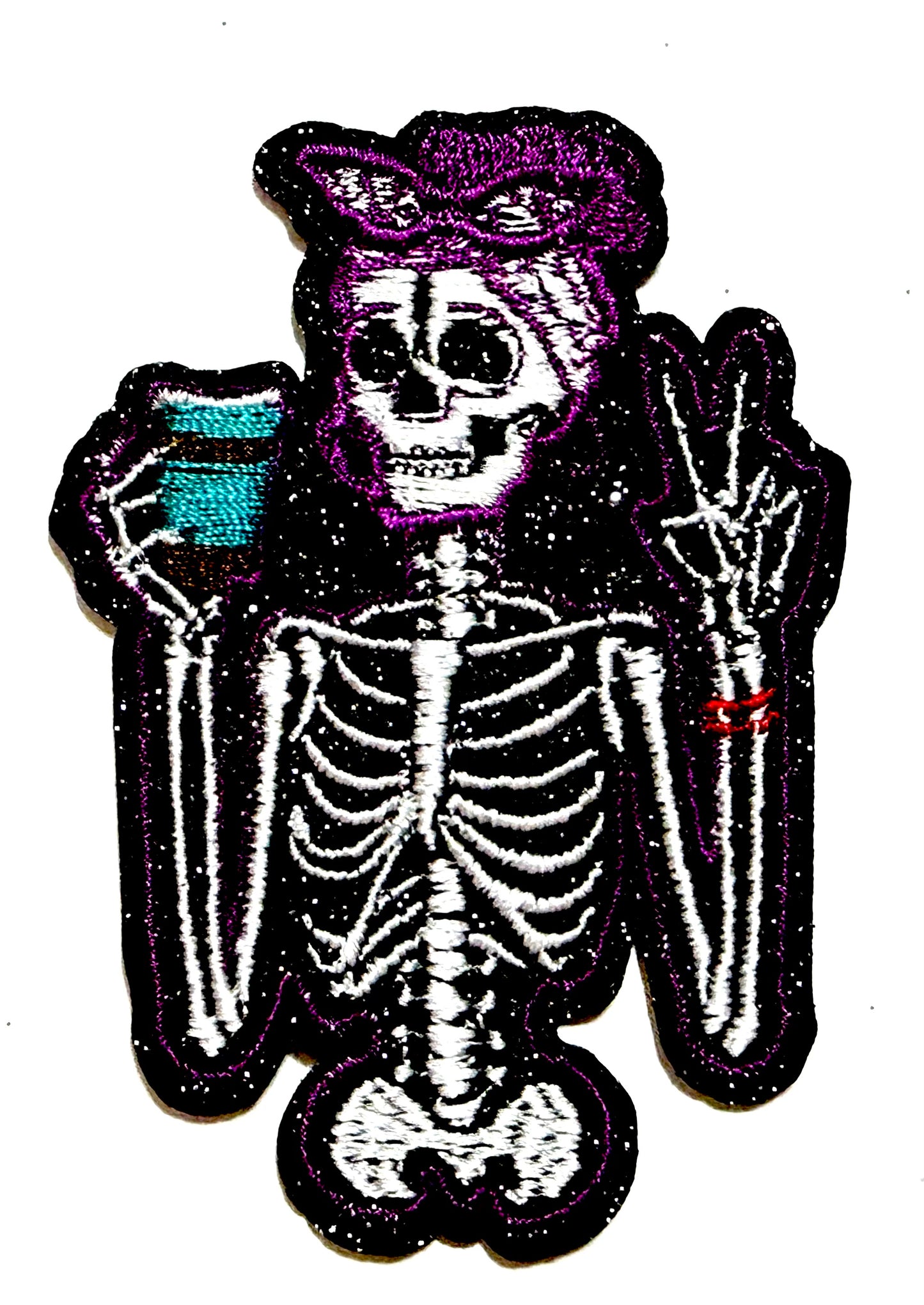 Skelly Girl with Coffee patch - Embroidered Iron On patch with glitter 3”