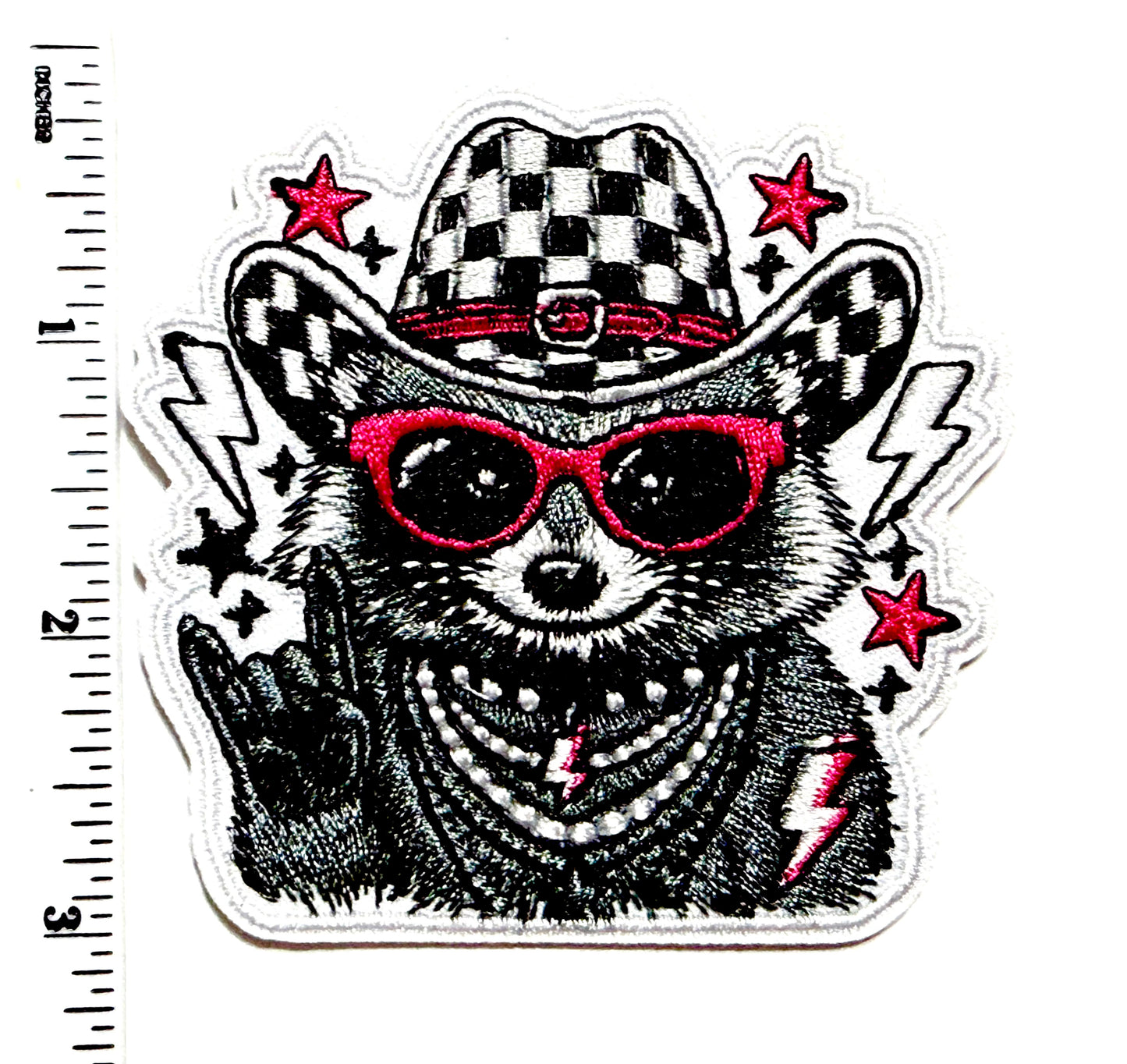 Raccoon Rock On patch - Embroidered Iron On Patch 3”