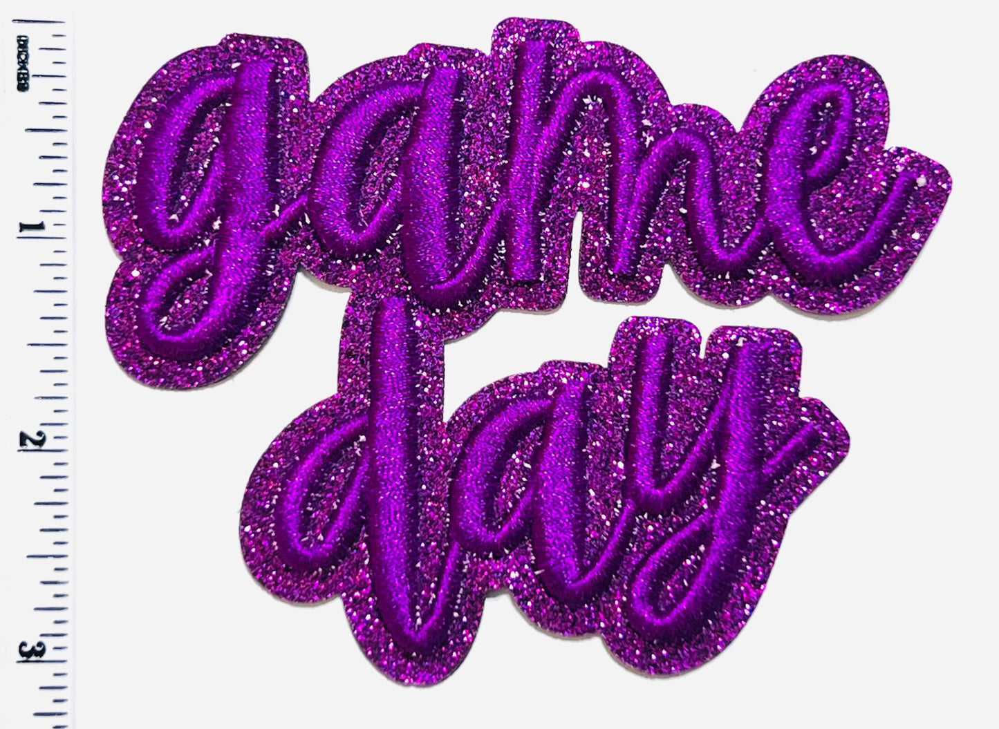Game Day Purple puff letters - Embroidered Iron on patch with glitter background