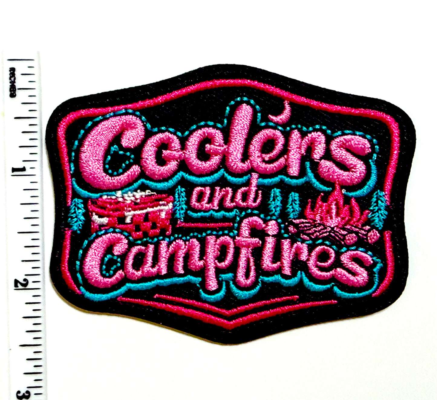 Coolers and Campfires patch- Embroidered Iron on patch 3.25”