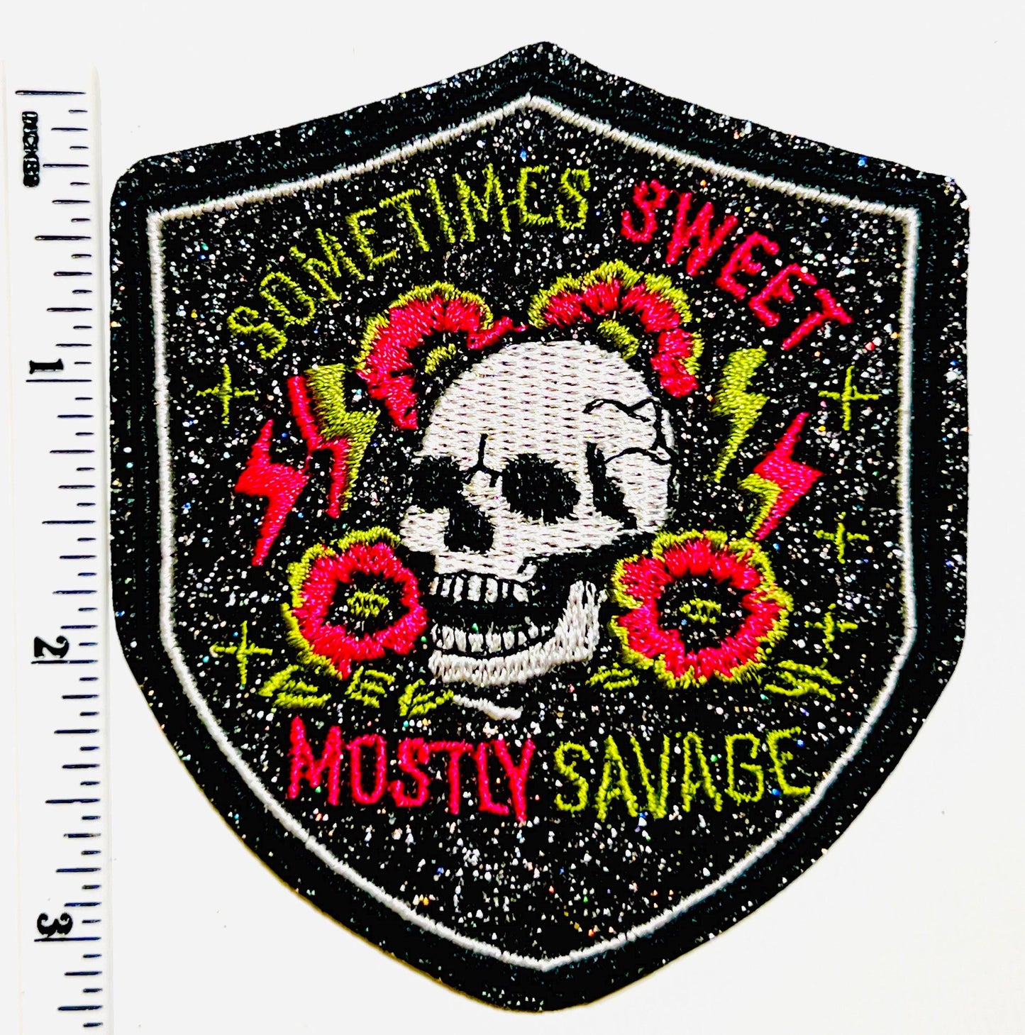 Sometimes sweet Mostly savage patch - Embroidered DIY Iron on patch with glitter background