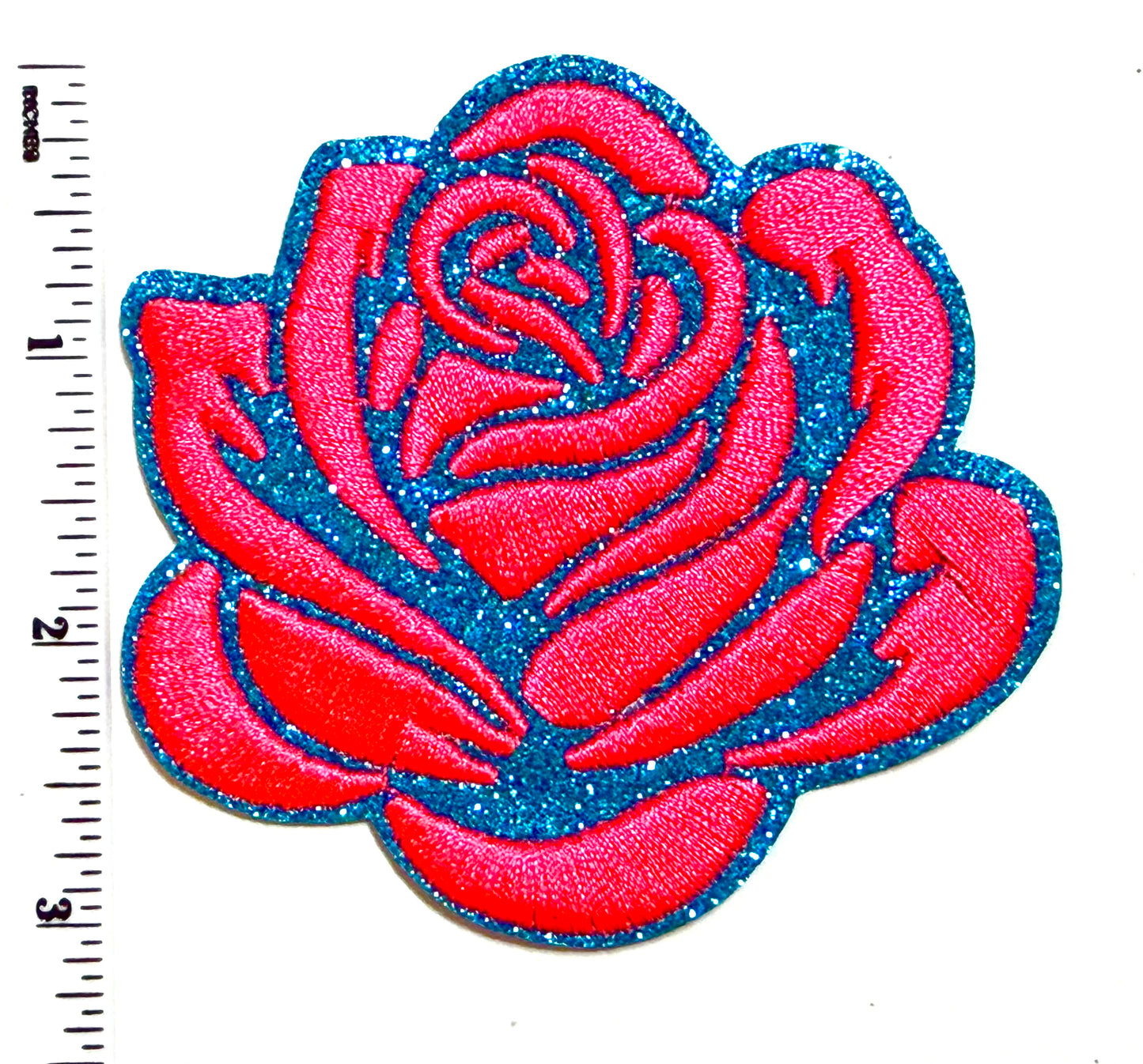 Rose Neon Pink & glittered - Embroidered Iron On Patch 3”