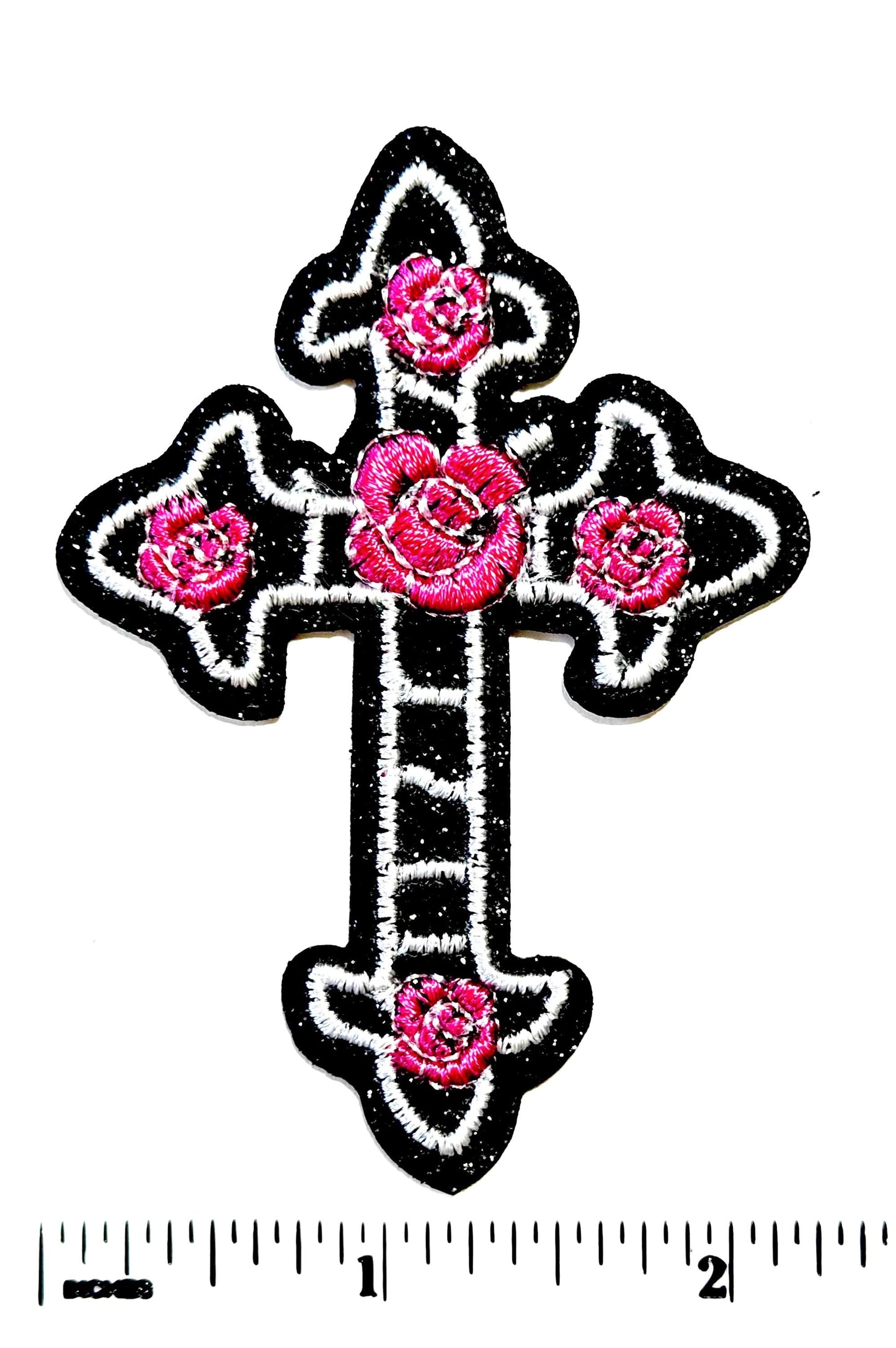 Embroidered Cross Patch with Pink Roses – Glitter Iron-On Appliqué