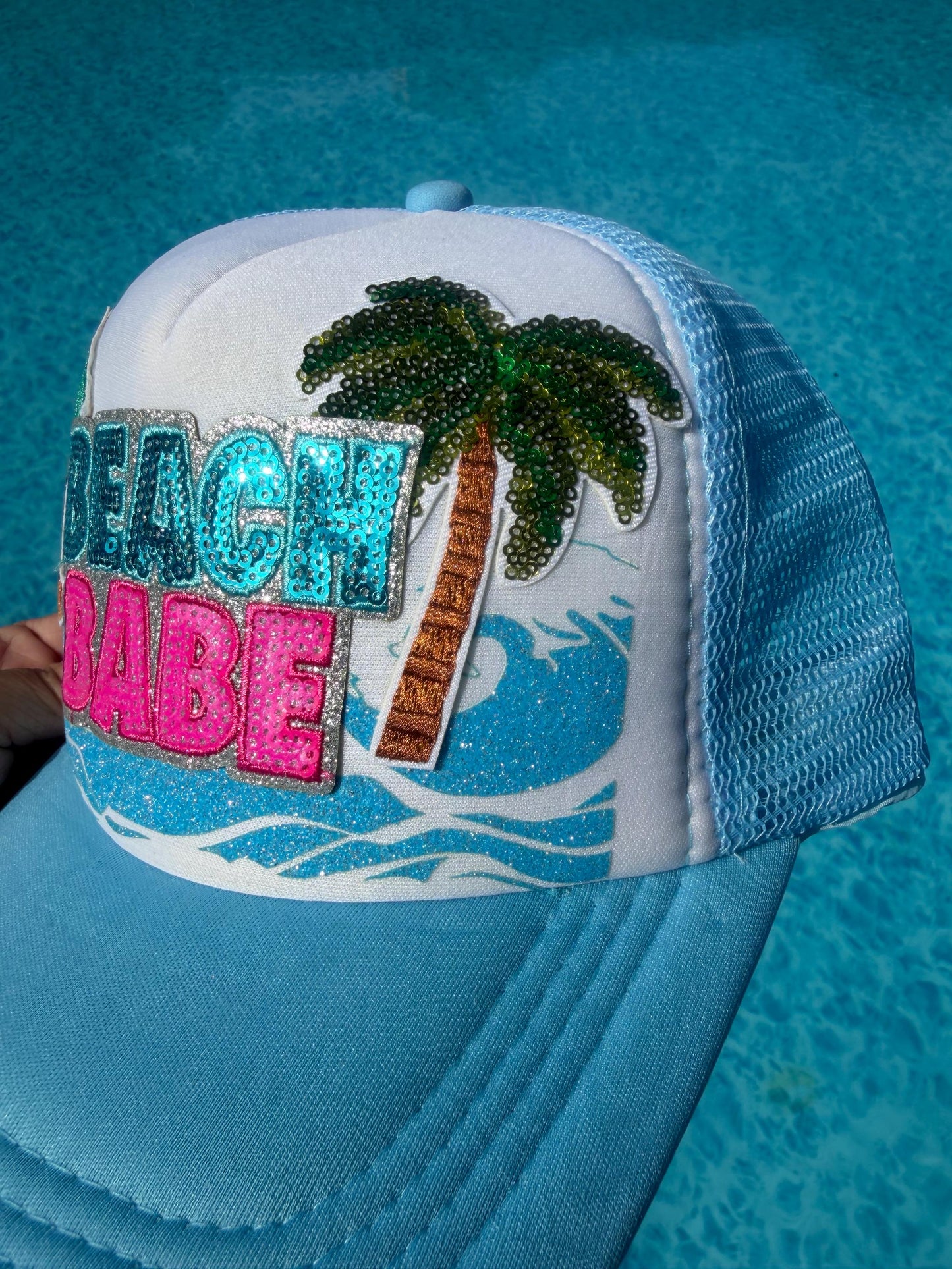 Beach Babe Trucker Hat | Sequin Palm Patch Summer Pool Vacation Accessory