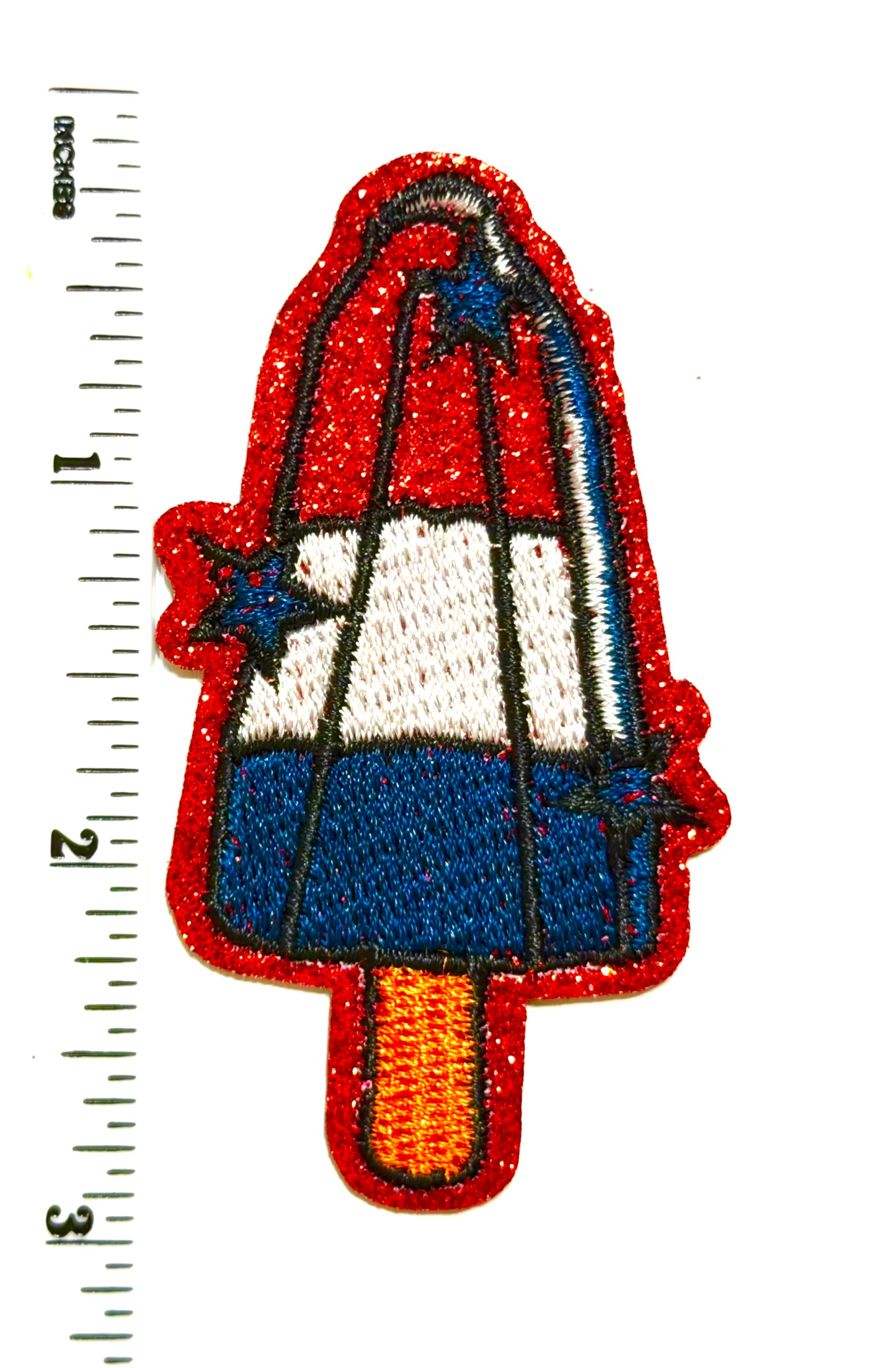 Red, White & Blue Popsicle with glitter patch- Embroidered Iron on patch 3”
