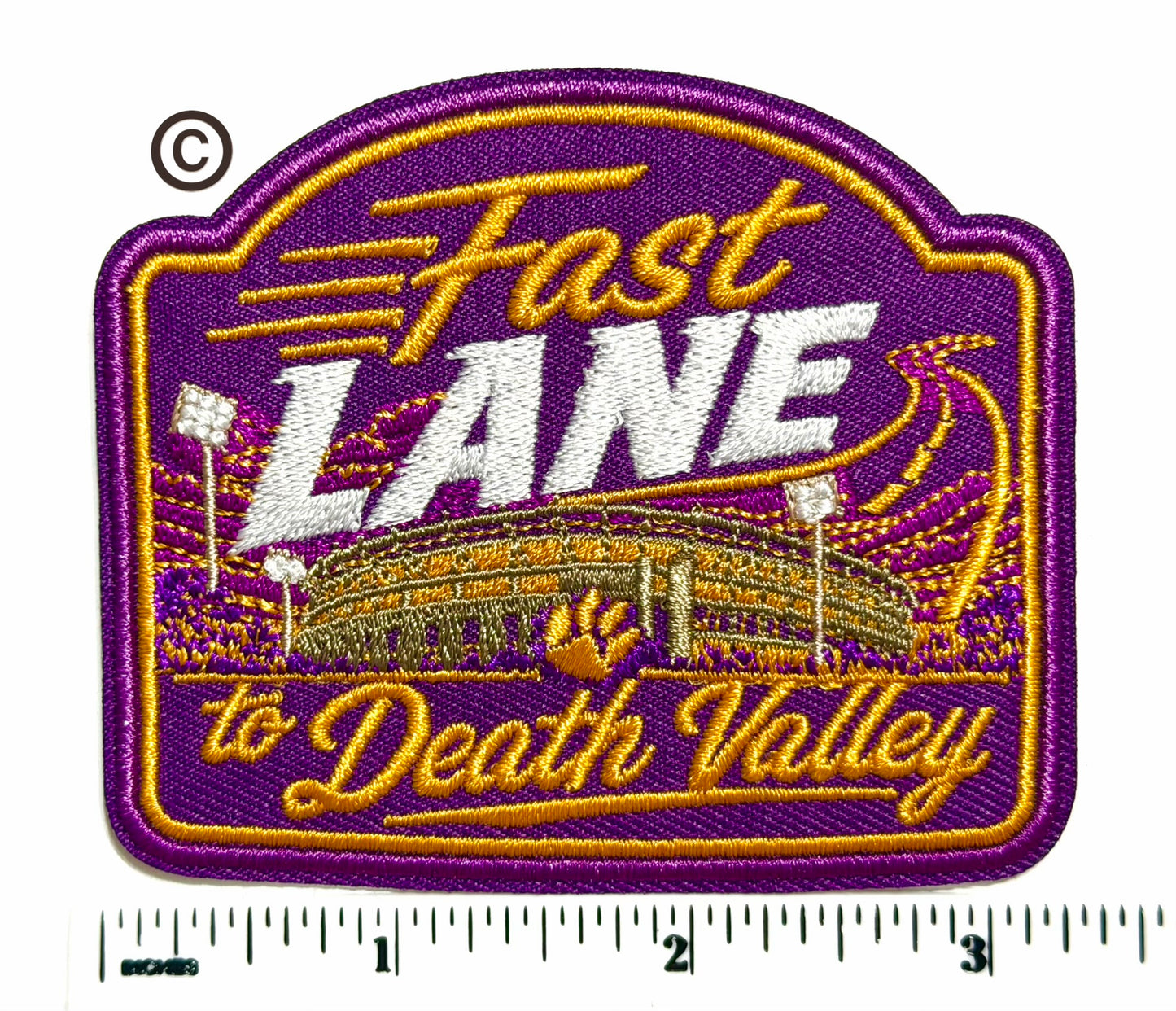 Fast LANE to Death Valley Purple & Gold Tigers patch - Embroidered Iron on patch 3”