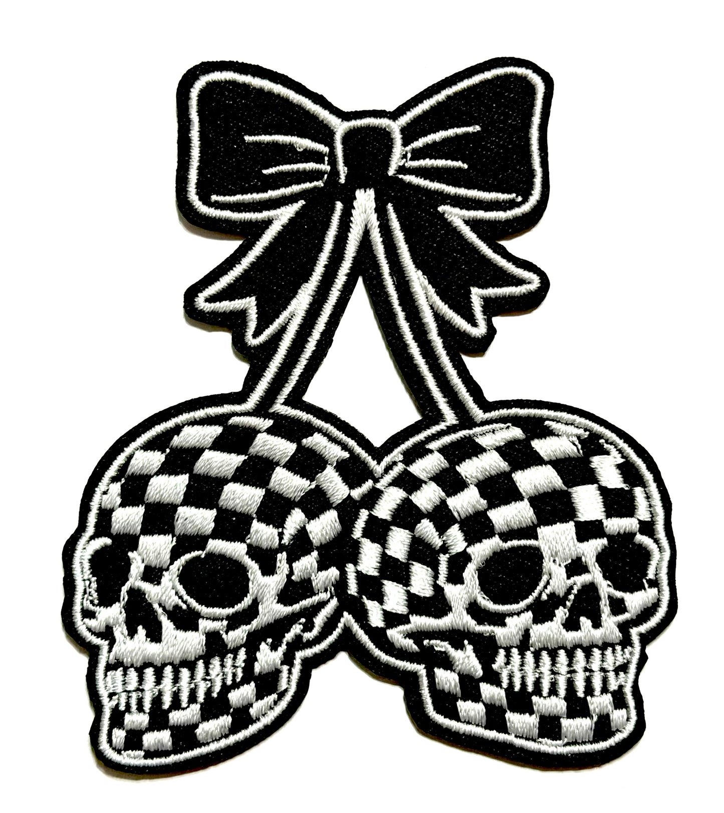 Checkered Skull cherries with bow patches - Embroidered Iron On Patch 3.25