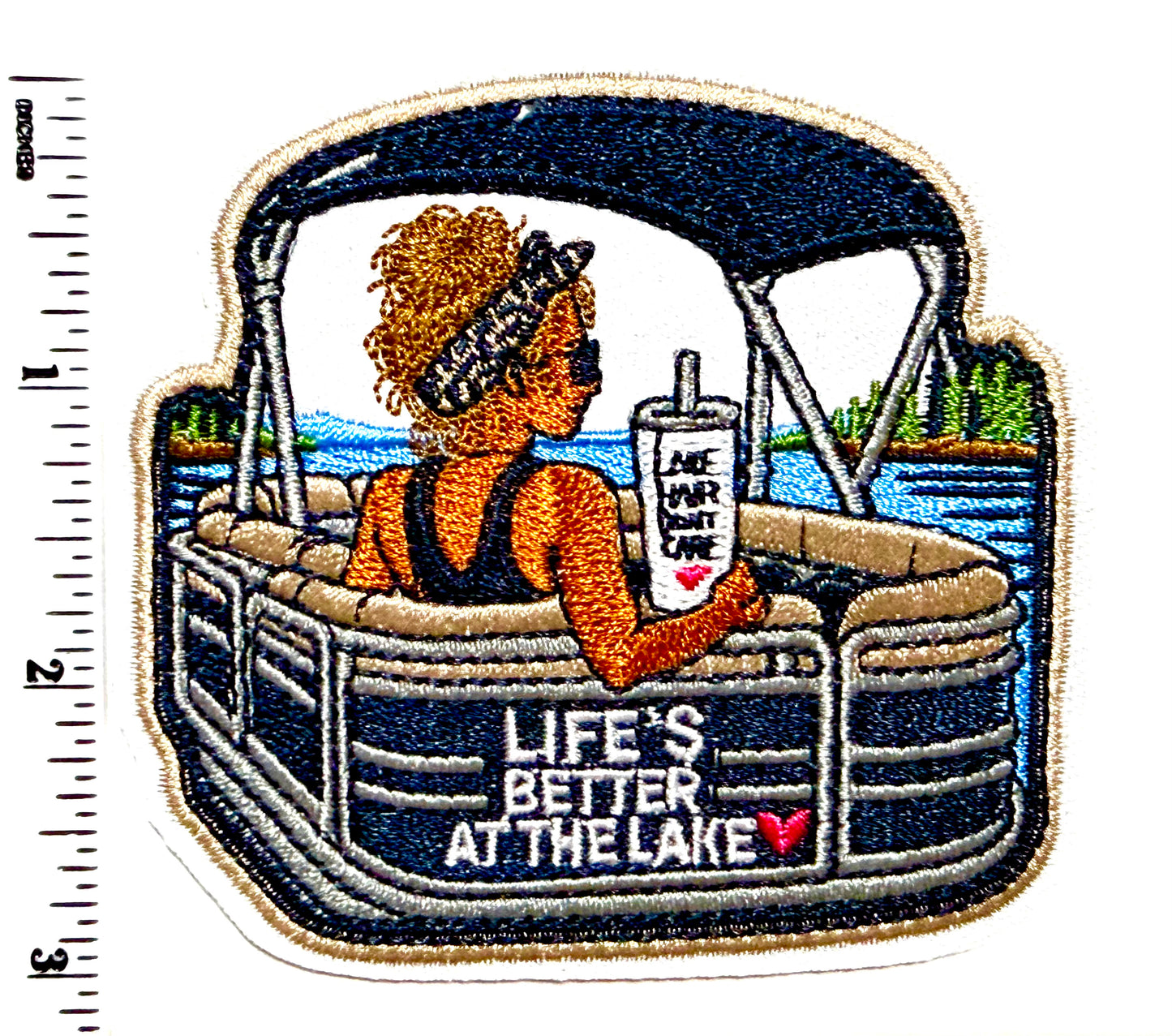 Life’s Better at the Lake pontoon boat patch- Embroidered Iron on patch 3.25”