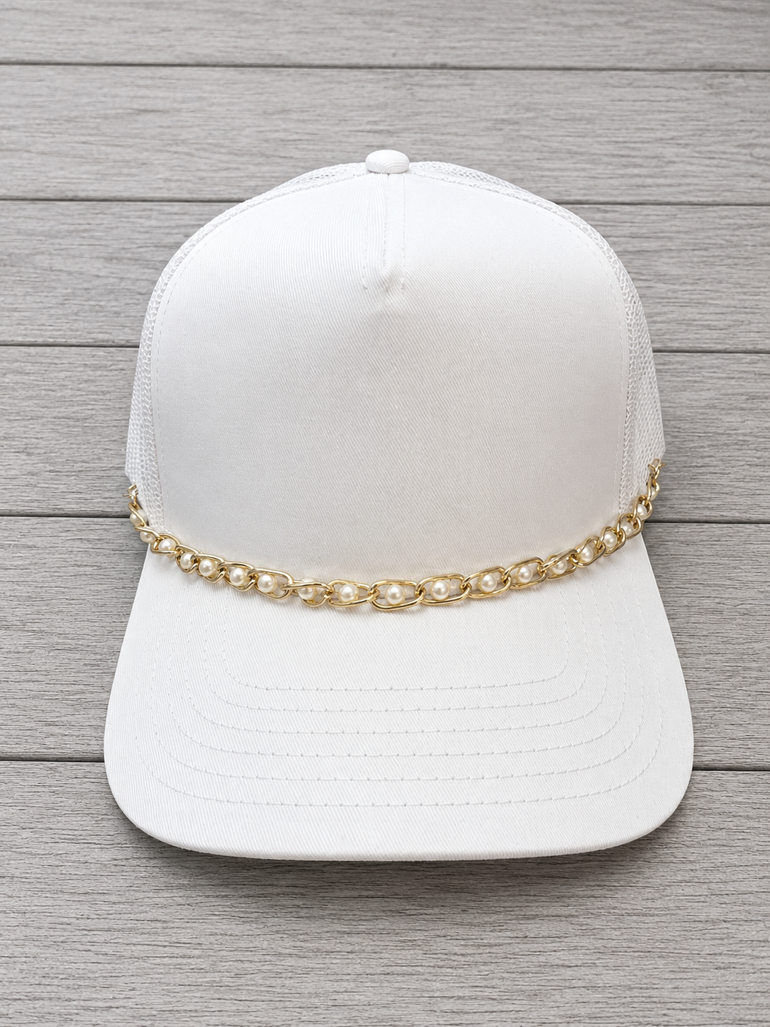 Gold and White Ribbon Trucker Hat Chain, Removable Gold Hat Accessory, Hat Jewelry, Trucker Hat Chain