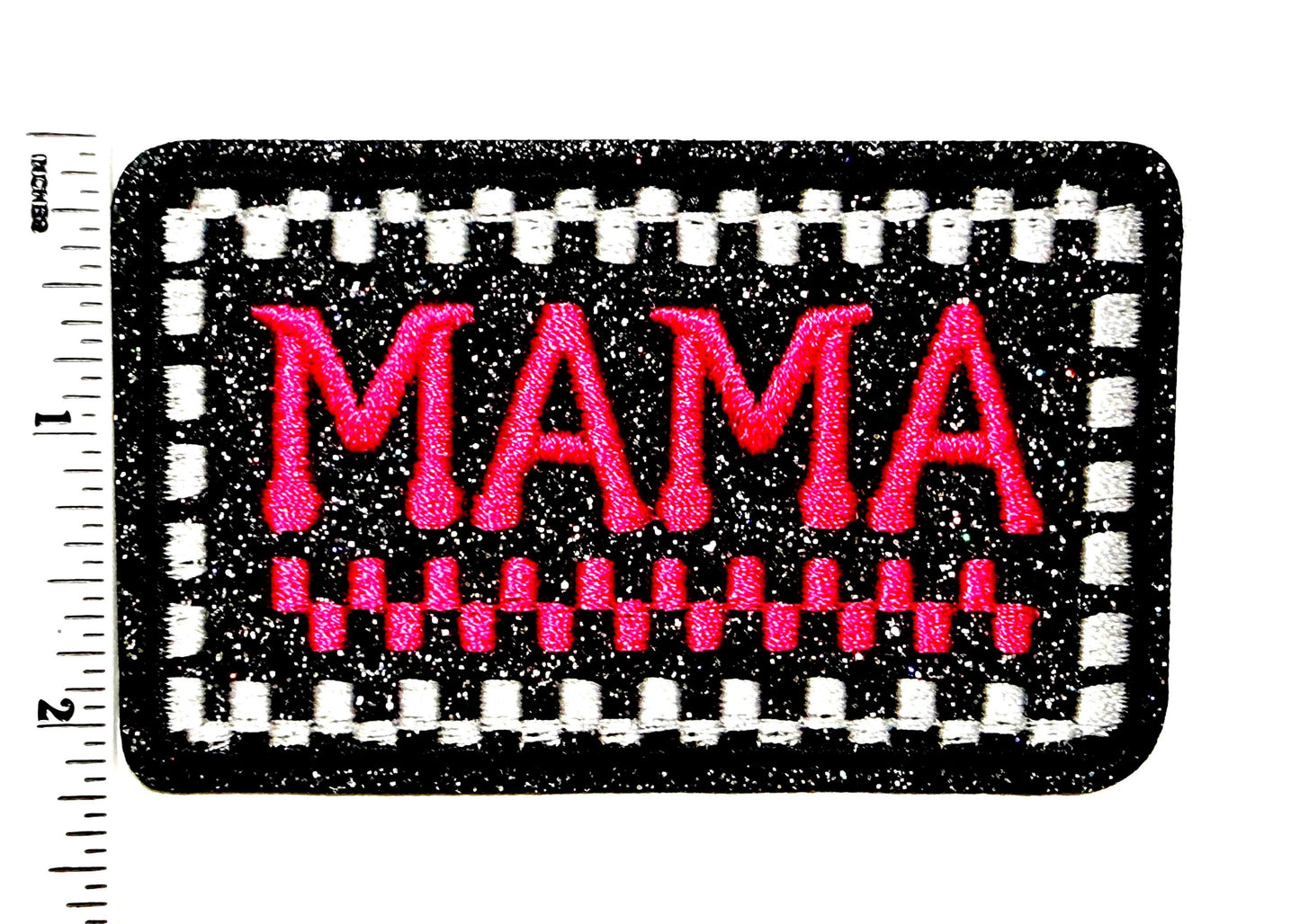 MAMA hot pink checkered patch - Embroidered Iron on patch with glitter
