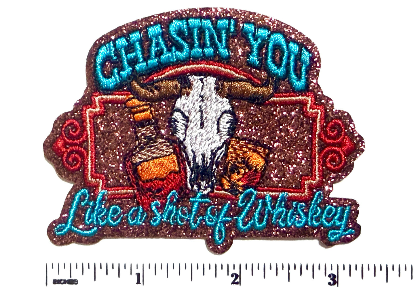 Chasing you like a shot of Whiskey Patch – Turquoise with brown glitter Iron-On Applique