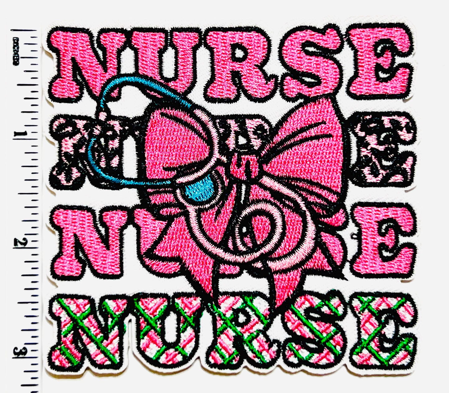 Nurse with Stethoscope & bow - Embroidered Iron on patch 3.25”