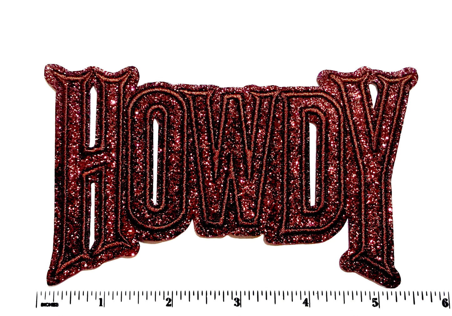 Howdy - Embroidered Iron on patch with glitter 5.5”