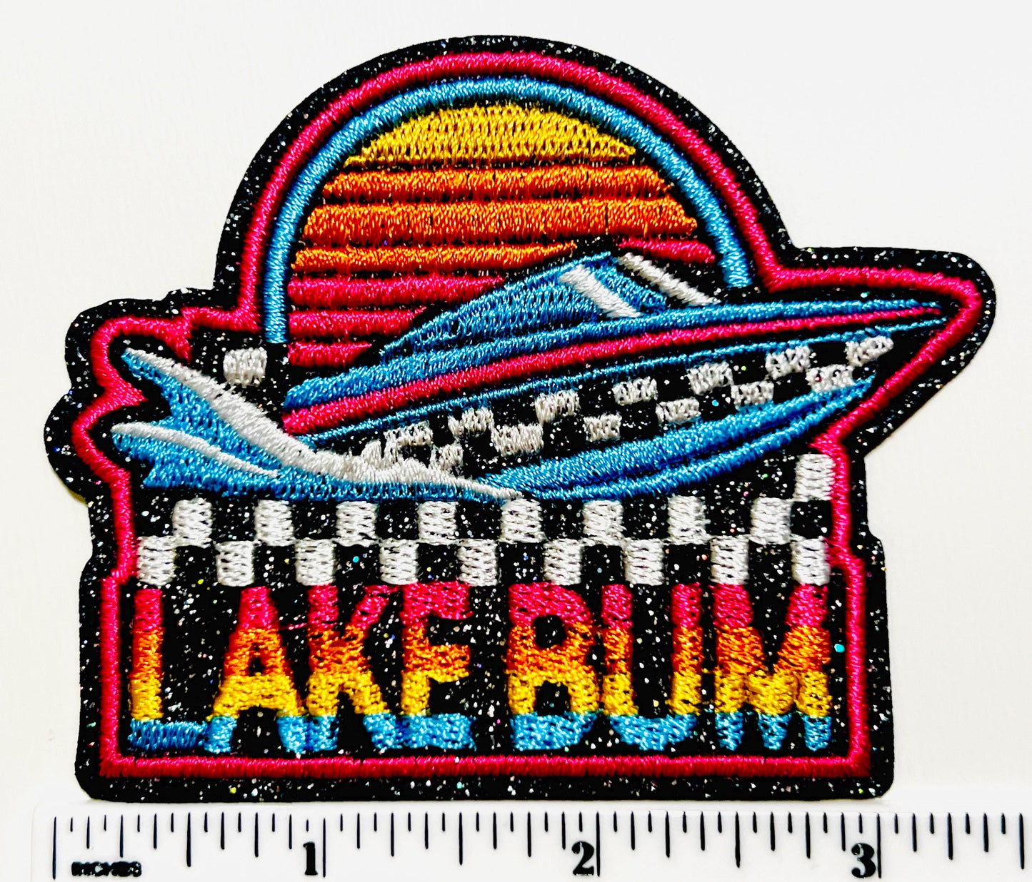 Lake Bum patch- Embroidered DIY Iron on patch with glitter