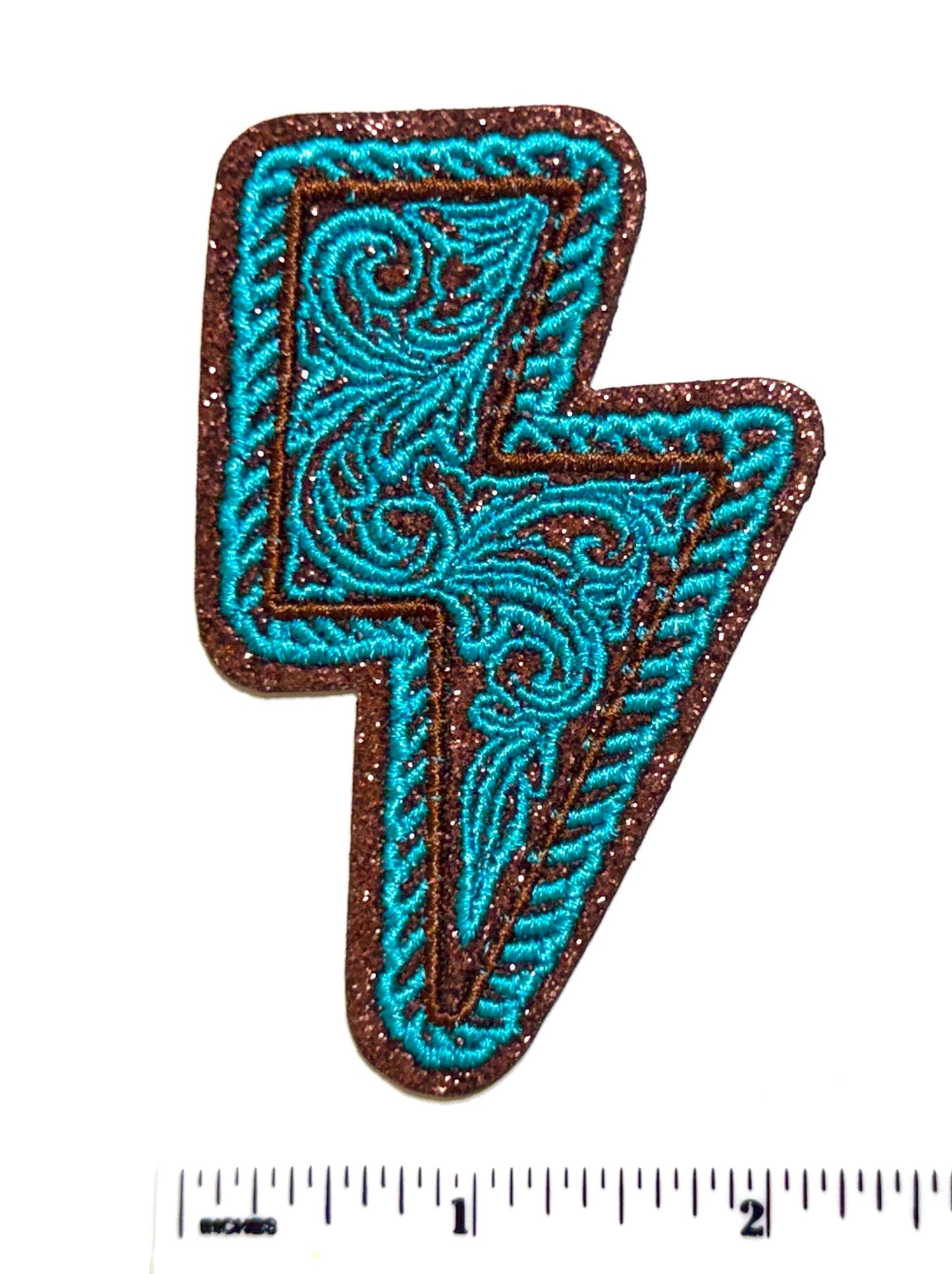 Spade or Lightning Bolt decorative brown glitter and turquoise - Embroidered Iron-On patch 3.5”