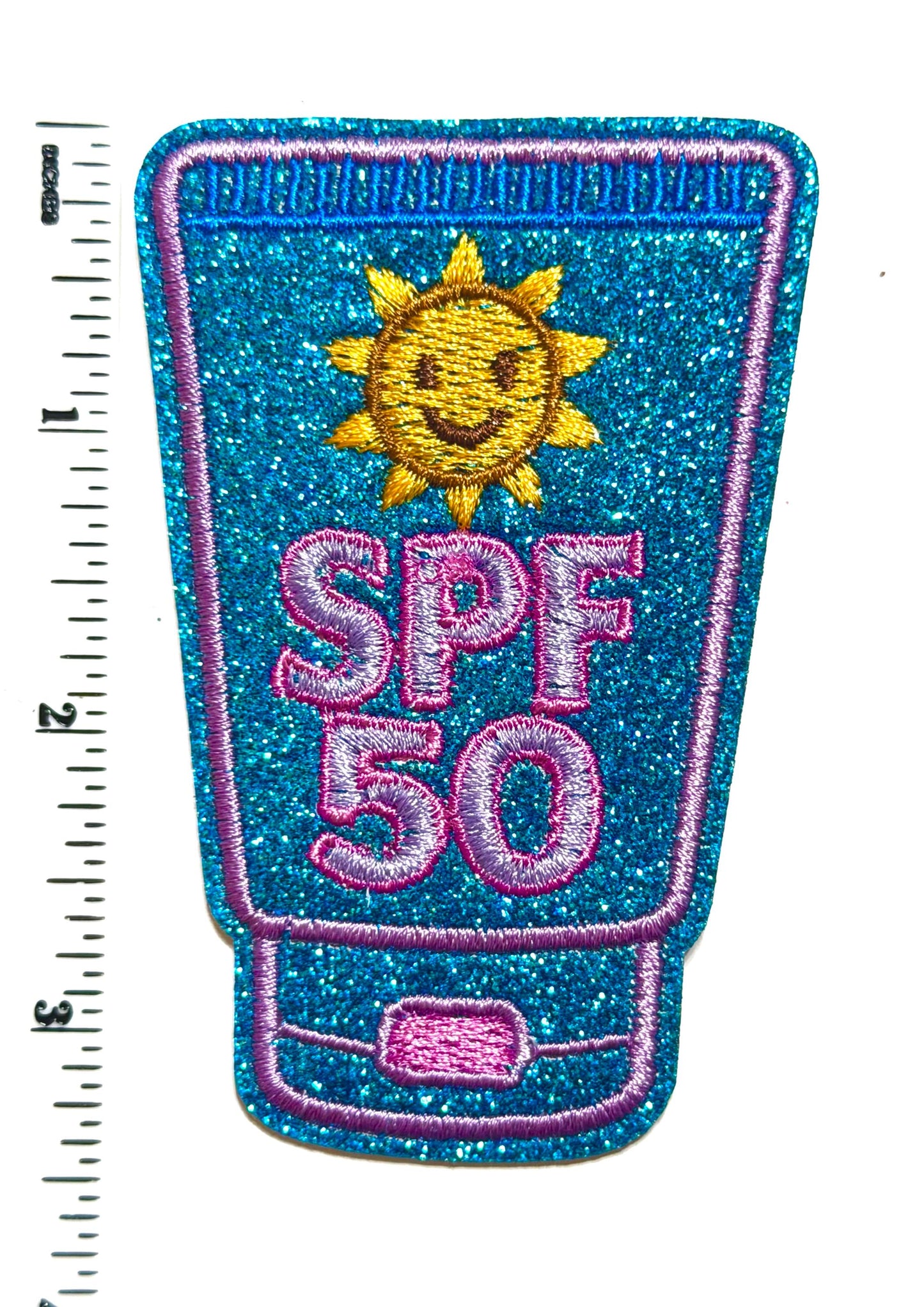 SPF 50 patch - Embroidered Iron on patch with blue glitter