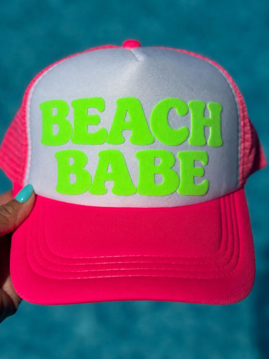 Hot Pink Beach Babe Neon Trucker Hat with puff letters