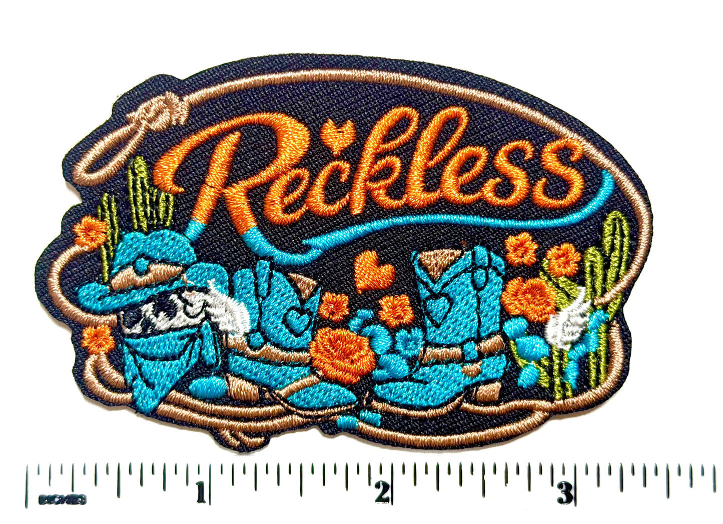 Reckless Skeleton Cowgirl patch - Embroidered DIY Iron on patch 3.5”