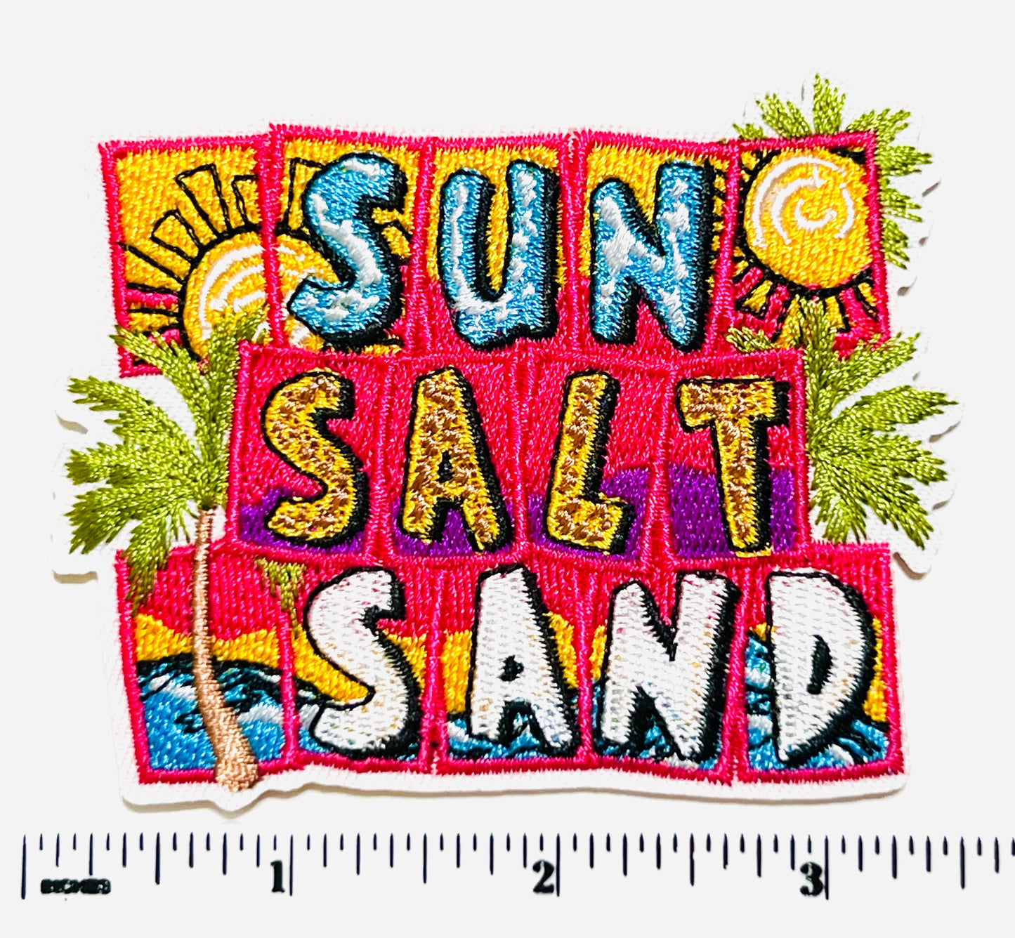 Sun Salt Sand patch - Embroidered DIY Iron on patch with silver glitter 3.25”