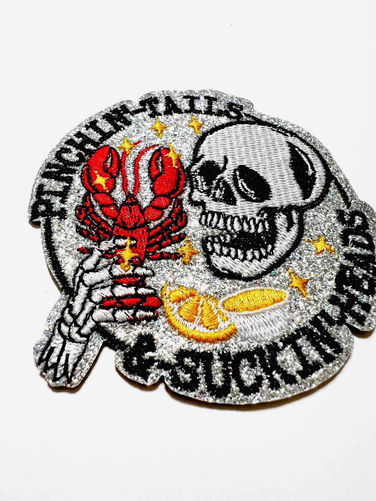 Pinchin tails & suckin heads crawfish patch - Embroidered DIY Iron on patch with glitter