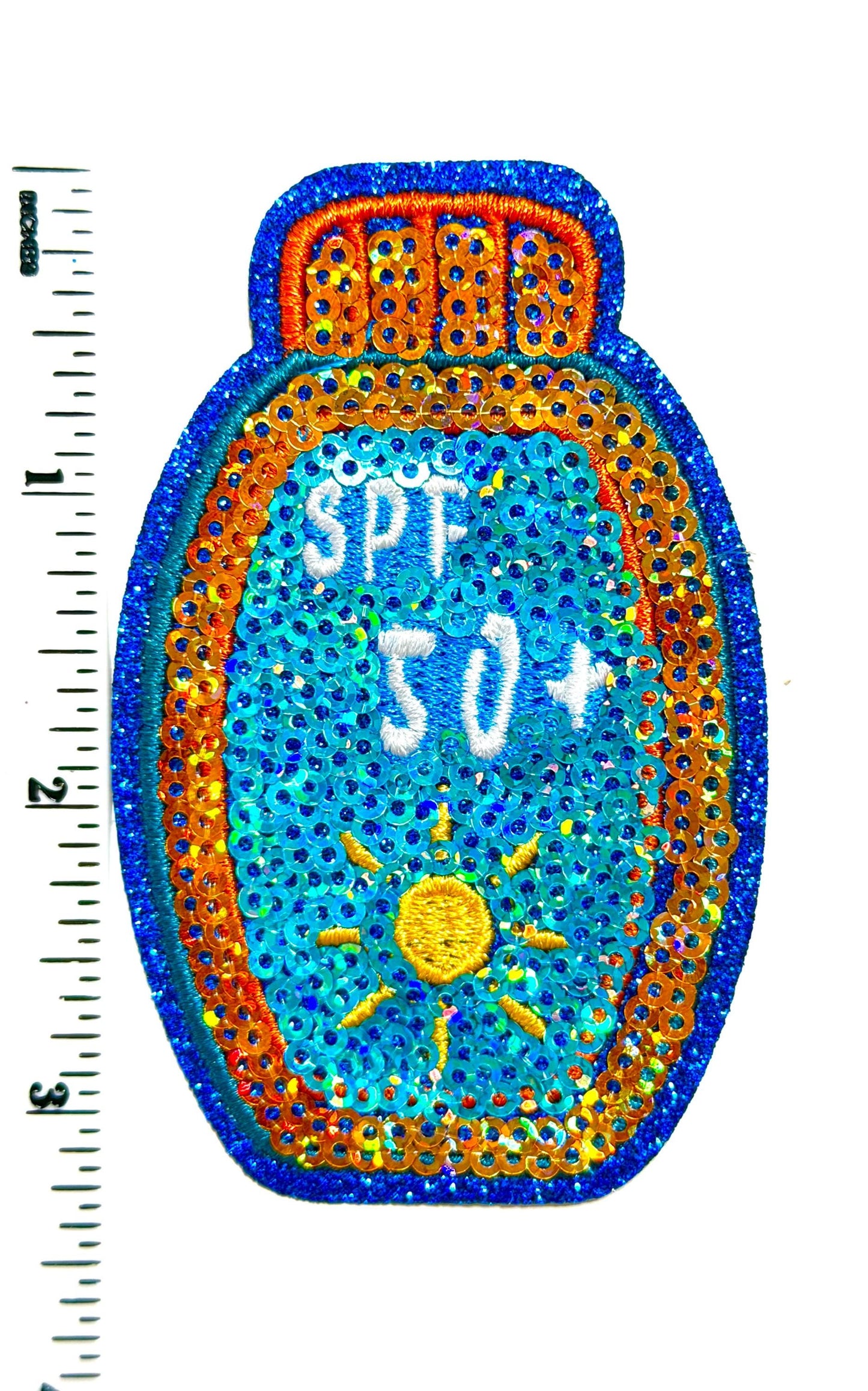 Sunscreen SPF 50 - Sequins Iron On Patch 3.25”